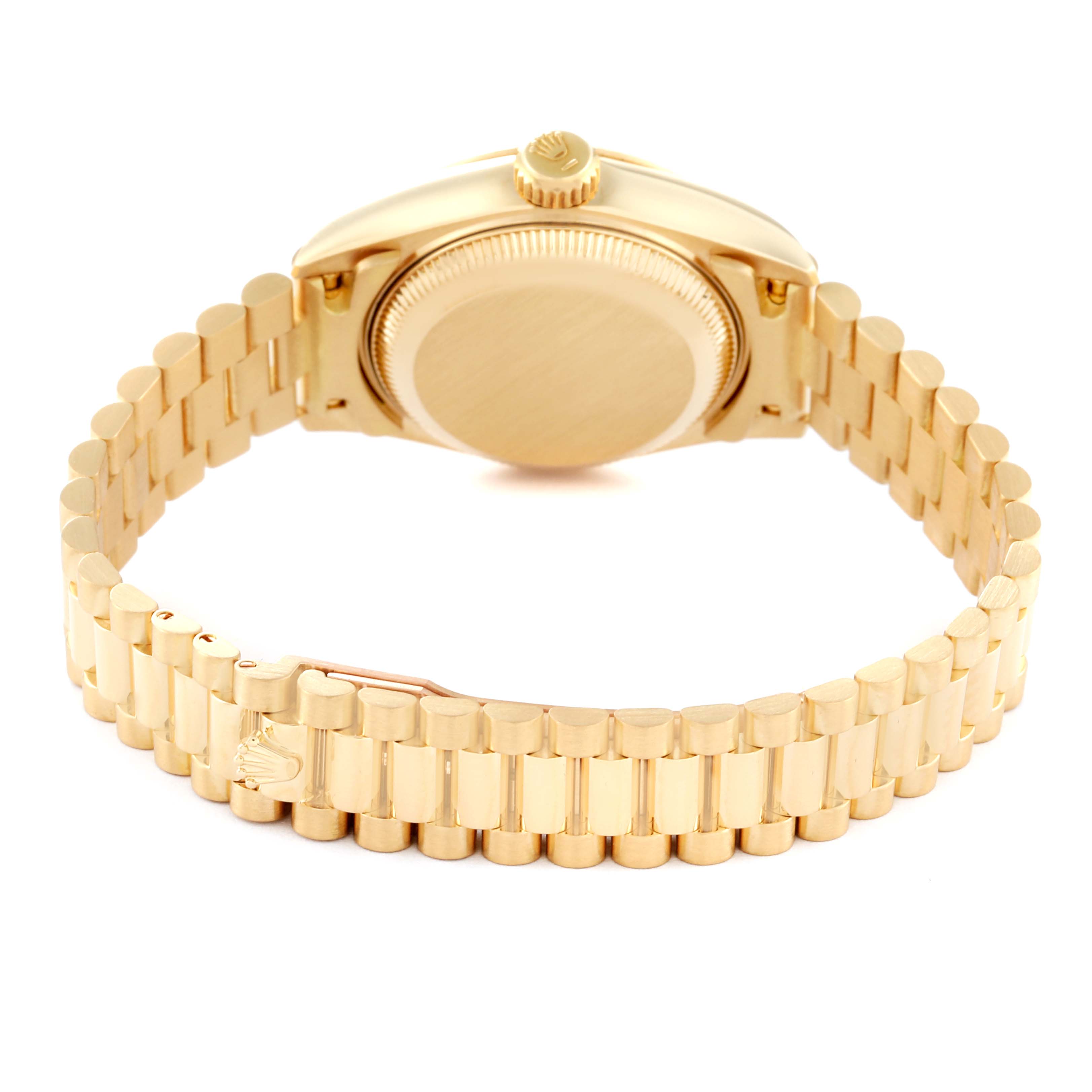 The image shows the back case and bracelet of the Rolex President 69178 Women's Yellow Gold Champagne Dial 69178 Women's Yellow Gold Champagne Dial model watch from a rear angle.