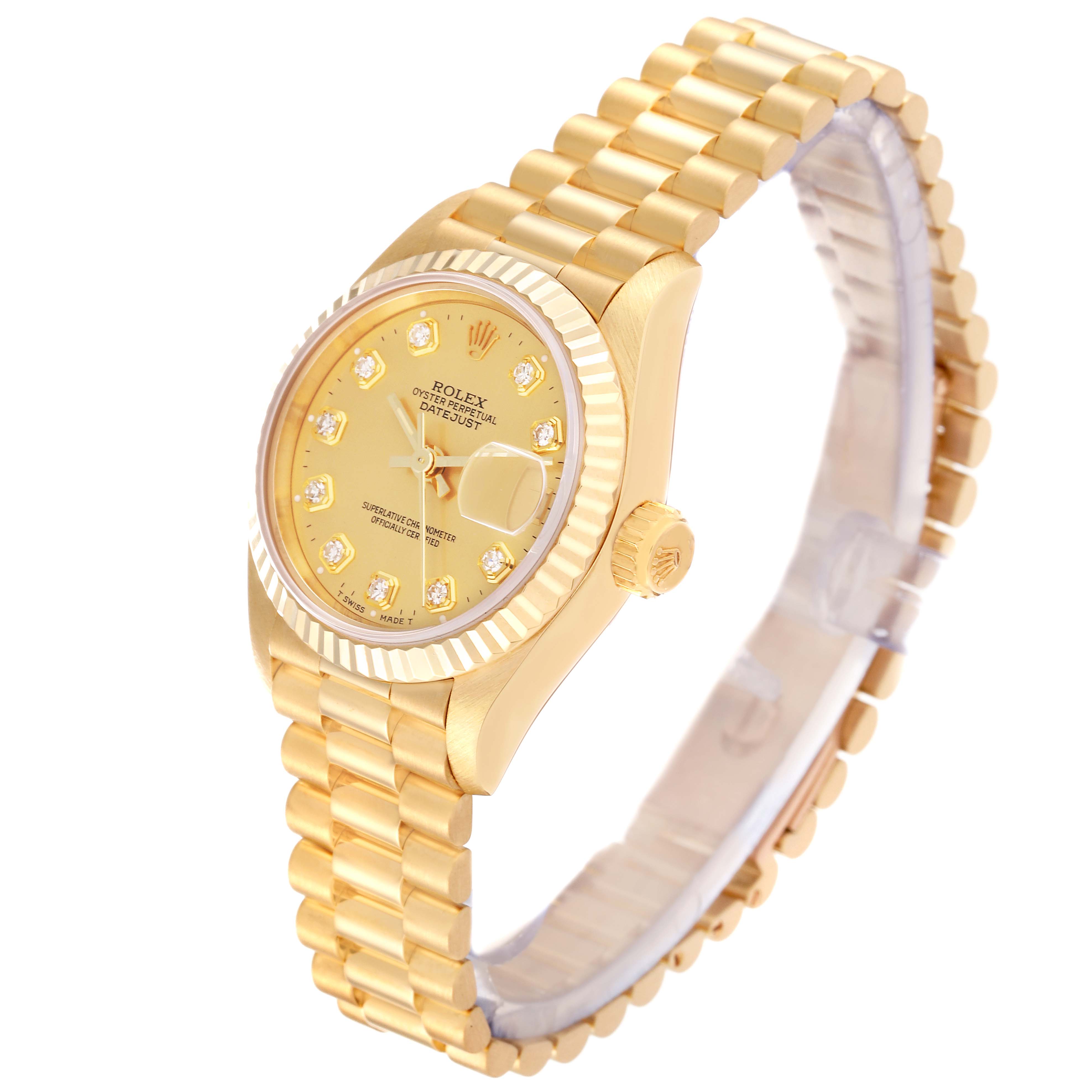 The image shows a Rolex President 69178 Women's Yellow Gold Champagne Dial 69178 Women's Yellow Gold Champagne Dial model watch at a three-quarter angle, highlighting the dial, bezel, crown, and bracelet.