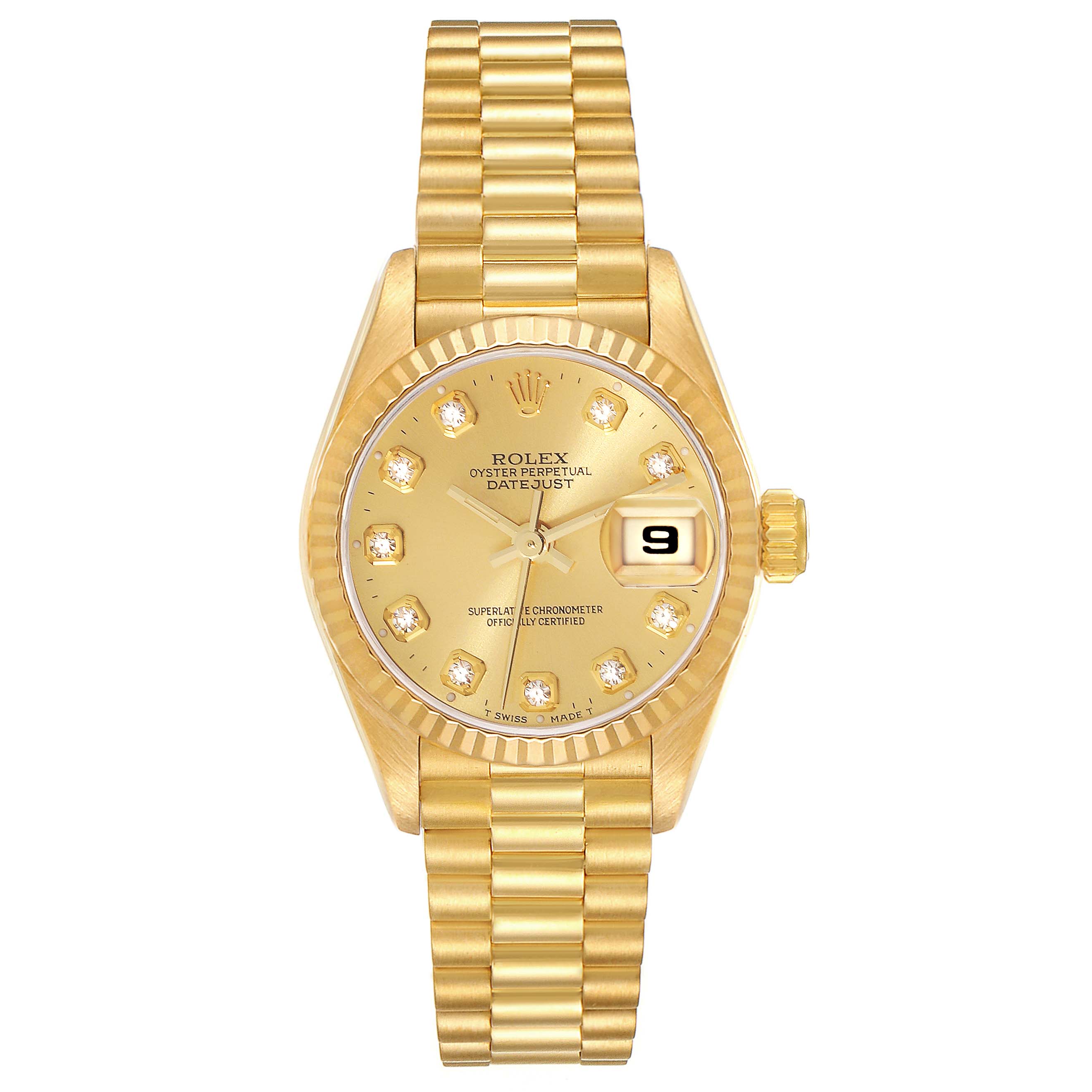 The image shows a Rolex President 69178 Women's Yellow Gold Champagne Dial 69178 Women's Yellow Gold Champagne Dial model watch from a top-down angle, highlighting the dial, bezel, crown, and bracelet.