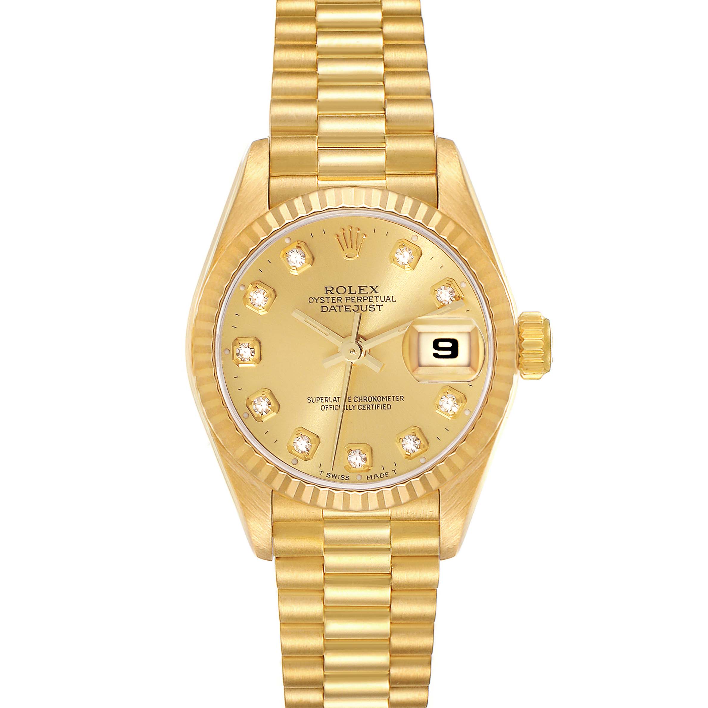 This image shows a frontal view of a Rolex President 69178 Women's Yellow Gold Champagne Dial 69178 Women's Yellow Gold Champagne Dial model watch with a gold bracelet and diamond hour markers.