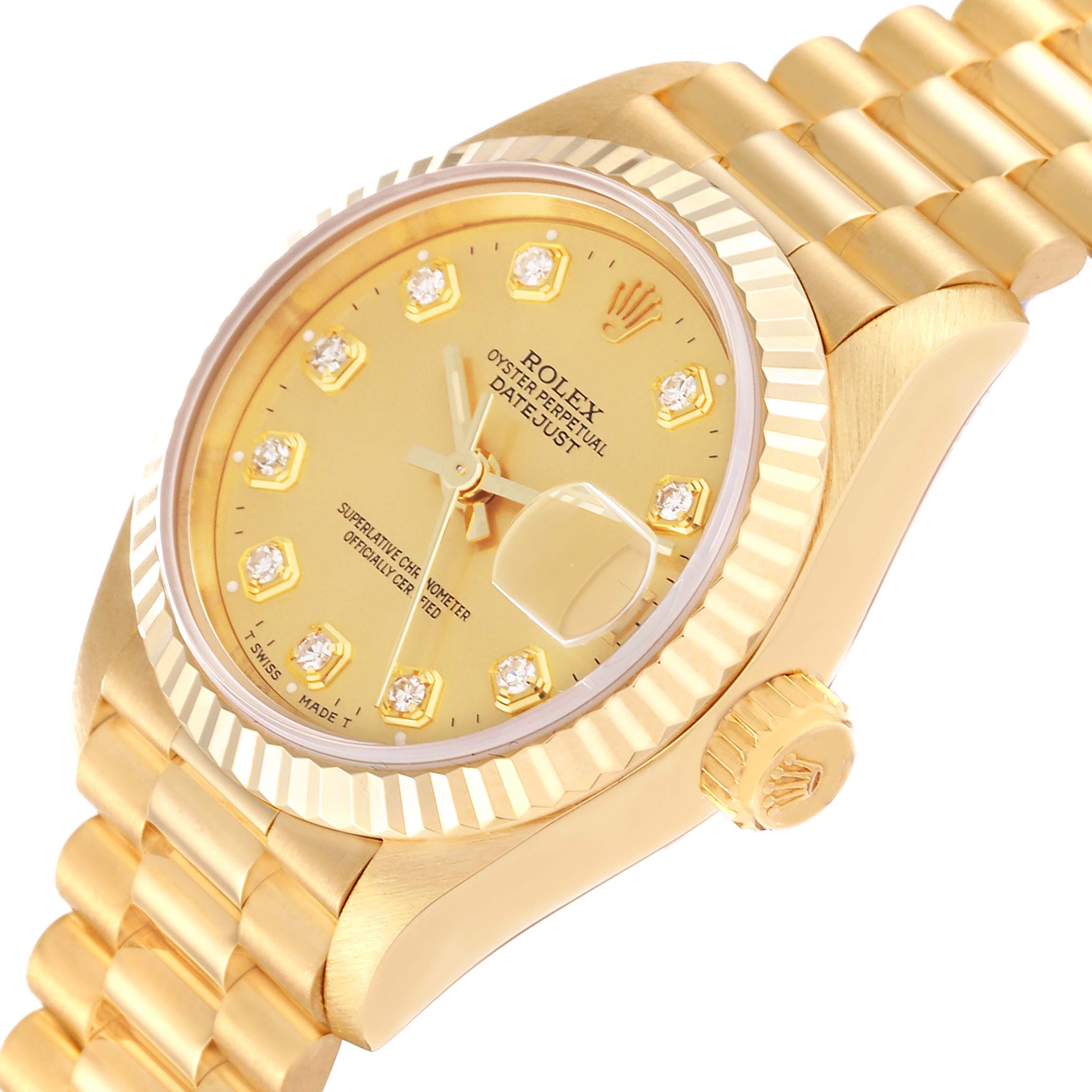 This image shows a side angle of a Rolex President 69178 Women's Yellow Gold Champagne Dial 69178 Women's Yellow Gold Champagne Dial model, highlighting its gold case, diamond hour markers, and fluted bezel.