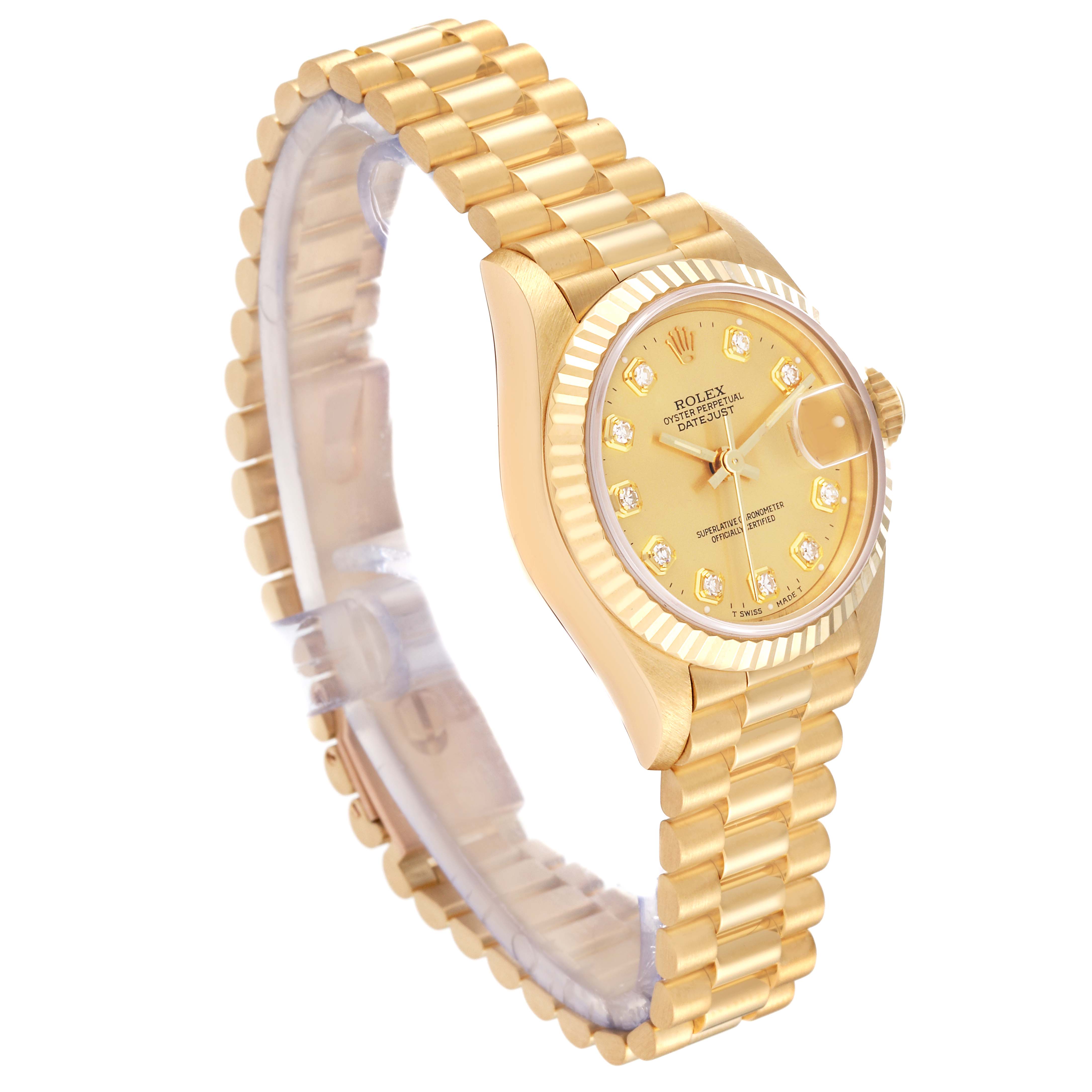 The image shows a side angle of the Rolex President 69178 Women's Yellow Gold Champagne Dial 69178 Women's Yellow Gold Champagne Dial model watch, highlighting its gold bracelet, bezel, and dial.