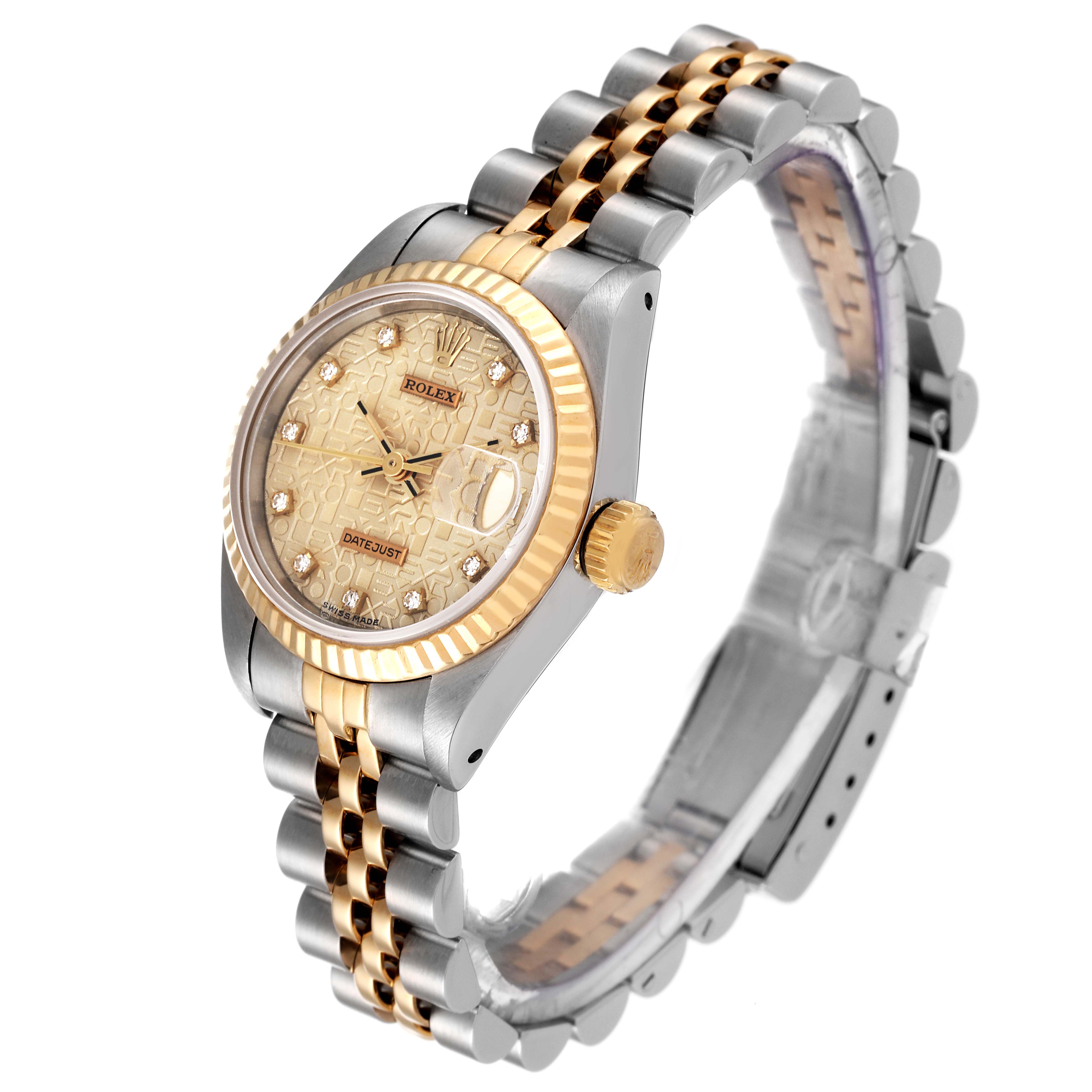 The image shows a Rolex Datejust 69173 Women's Steel and Gold (two tone) Silver Dial 69173 Women's Steel and Gold (two tone) Silver Dial watch from an angled side view, highlighting the dial, bezel, crown, and bracelet.