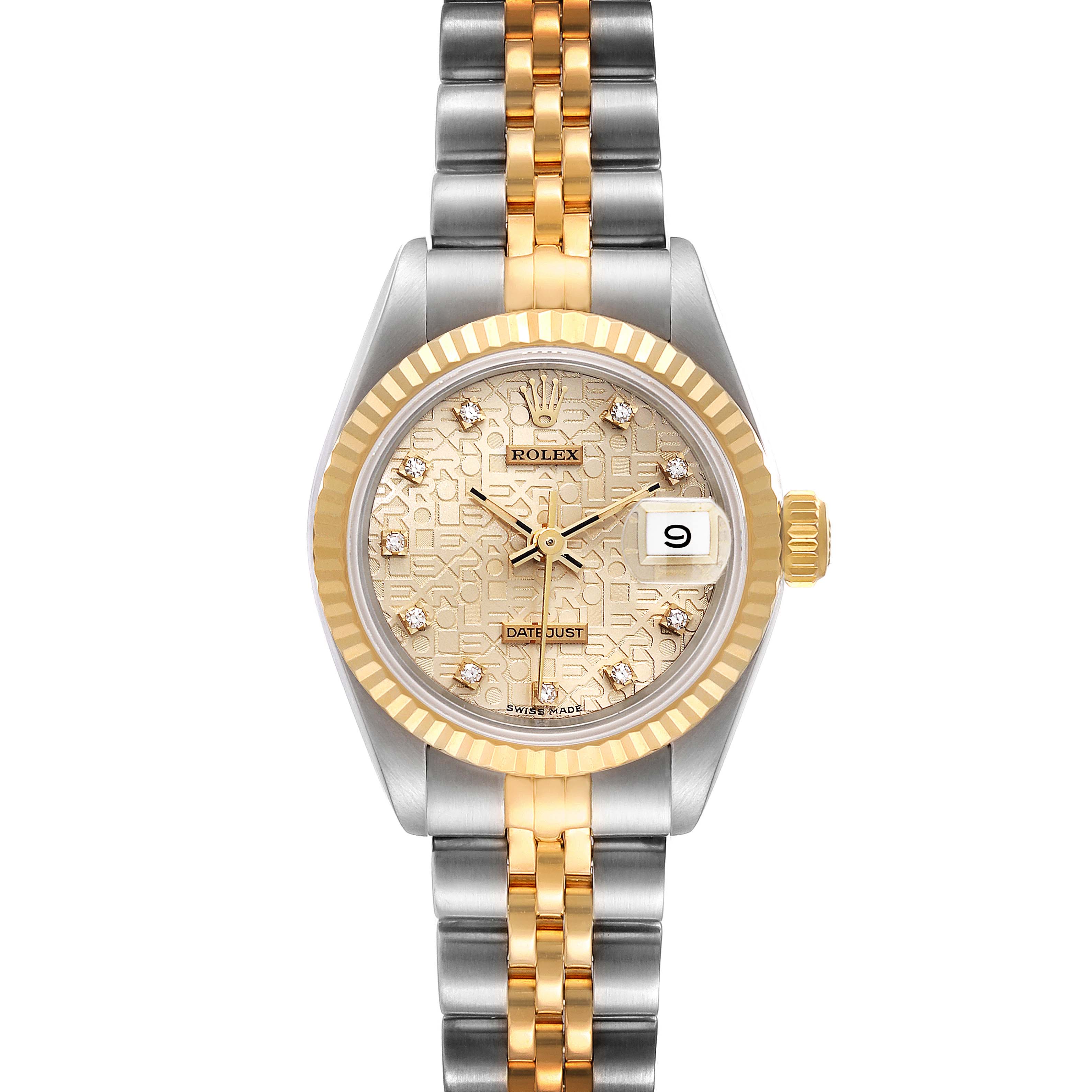 This image shows a frontal view of a Rolex Datejust 69173 Women's Steel and Gold (two tone) Silver Dial 69173 Women's Steel and Gold (two tone) Silver Dial watch, featuring its face, bezel, and bracelet.