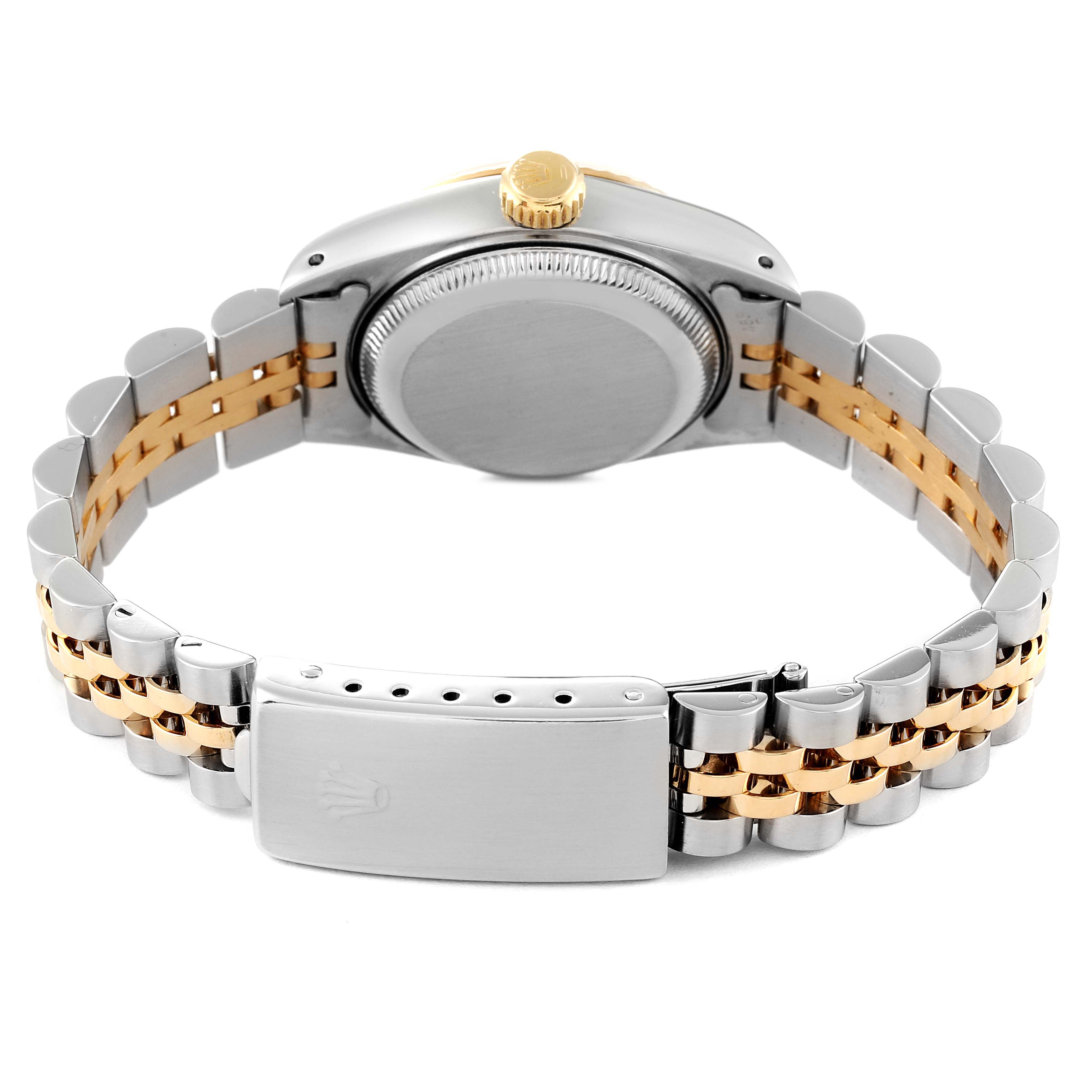 The image shows the back view of a Rolex Datejust 69173 Women's Steel and Gold (two tone) Silver Dial 69173 Women's Steel and Gold (two tone) Silver Dial watch, featuring its case back, crown, and two-tone Jubilee bracelet with a clasp.