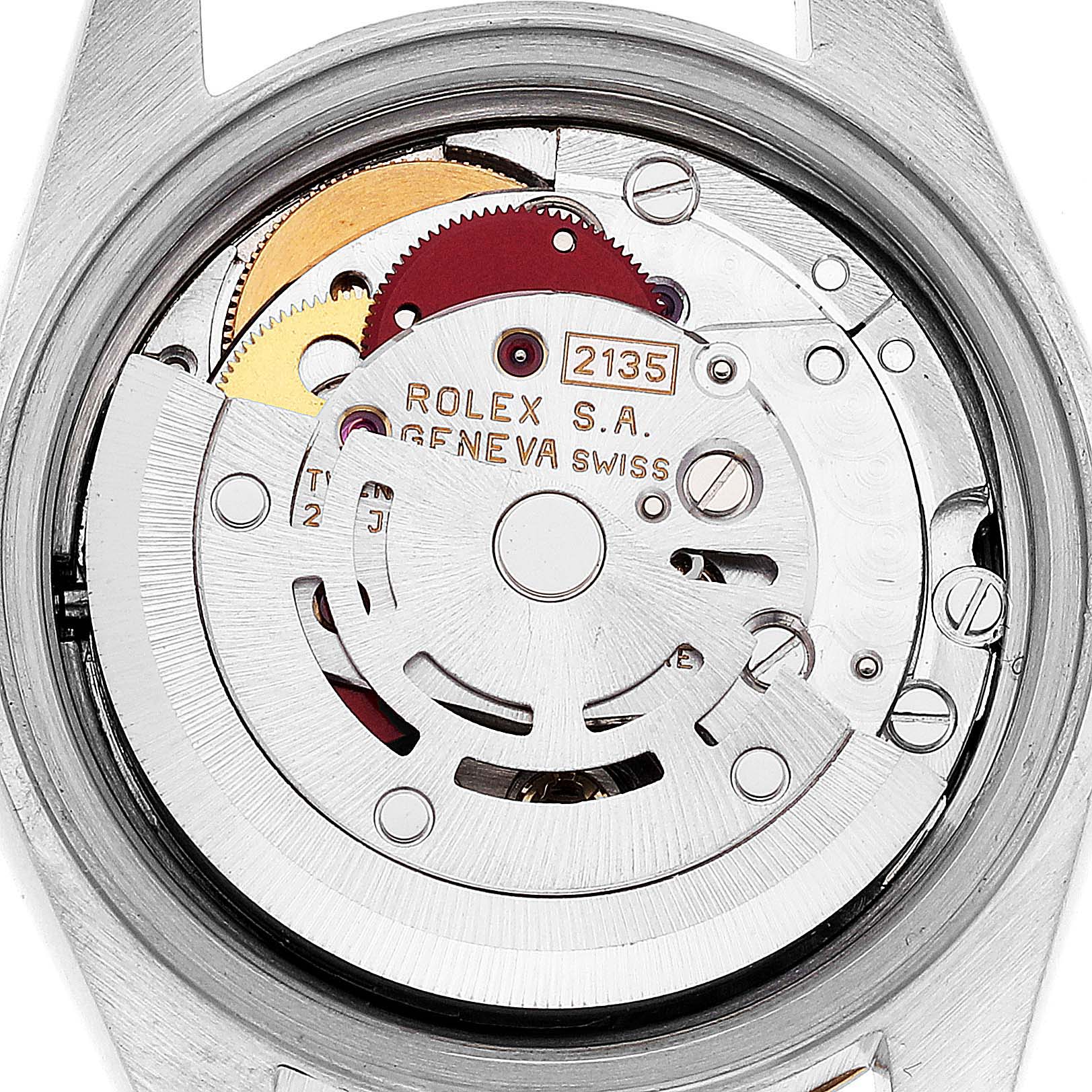 This image shows the movement mechanism of a Rolex Datejust 69173 Women's Steel and Gold (two tone) Silver Dial 69173 Women's Steel and Gold (two tone) Silver Dial watch from a back angle.