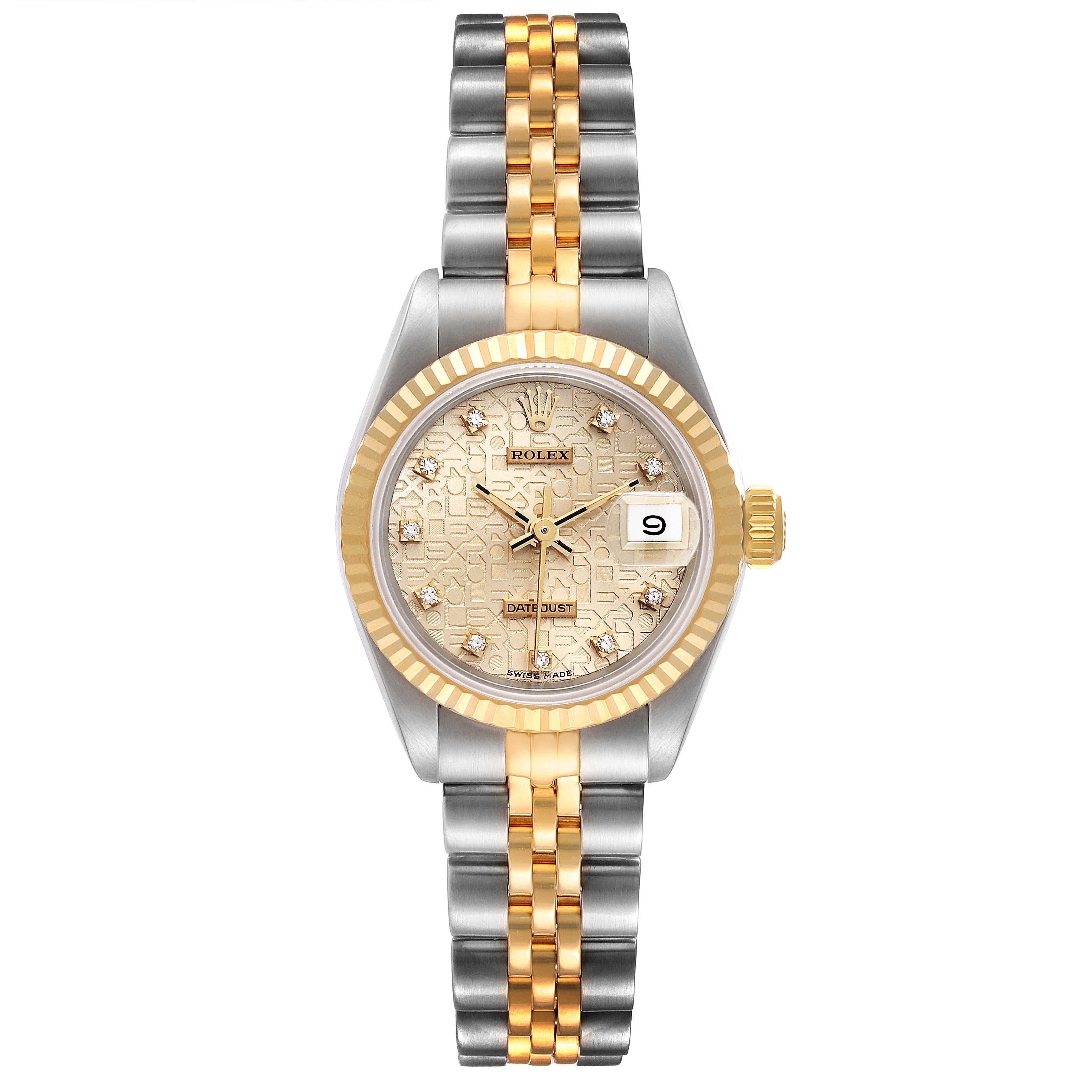 This image shows a front view of a Rolex Datejust 69173 Women's Steel and Gold (two tone) Silver Dial 69173 Women's Steel and Gold (two tone) Silver Dial watch, highlighting its face, bezel, crown, and two-tone bracelet.
