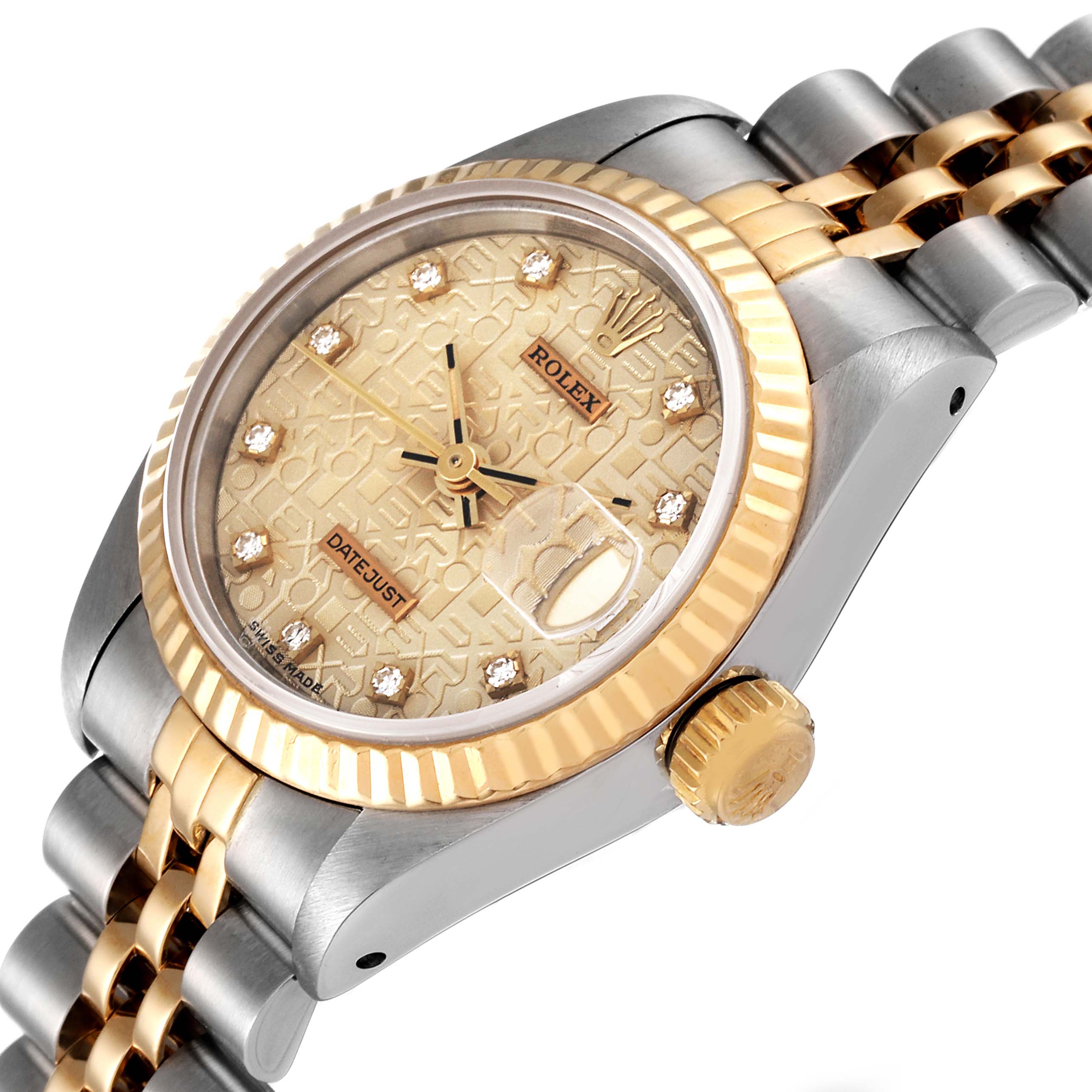 This image shows a Rolex Datejust 69173 Women's Steel and Gold (two tone) Silver Dial 69173 Women's Steel and Gold (two tone) Silver Dial watch angled from the side, highlighting the dial, bezel, bracelet, and crown.