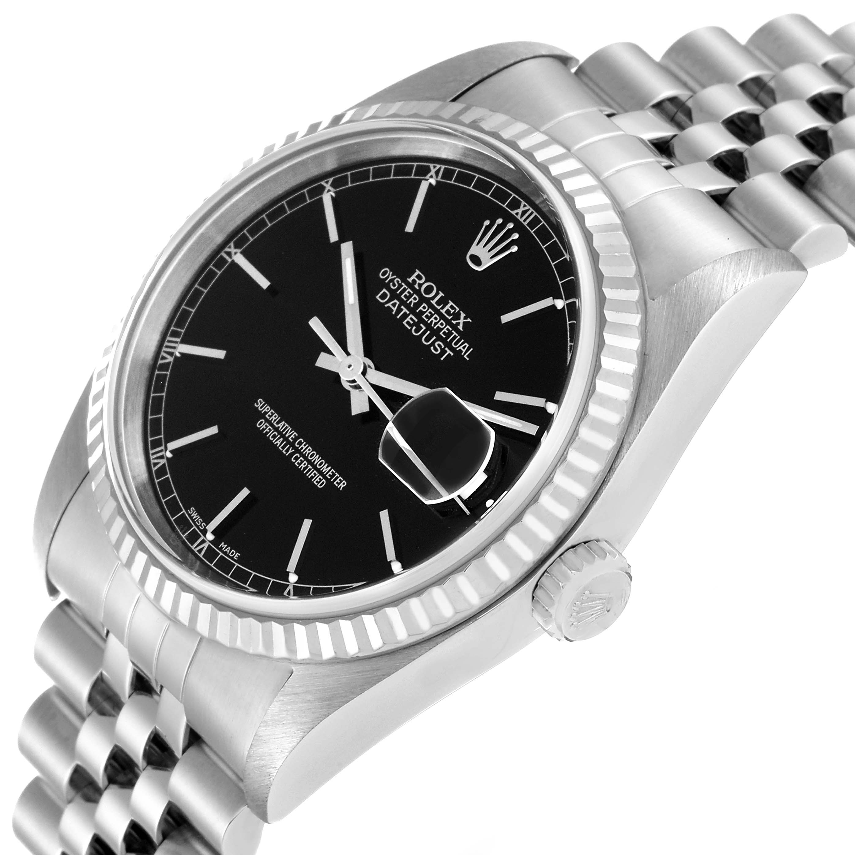 The image shows a close-up side angle of the Rolex Datejust 16234 Men's Stainless Steel Black Dial 16234 Men's Stainless Steel Black Dial watch, highlighting the black dial, crown, and part of the bracelet.