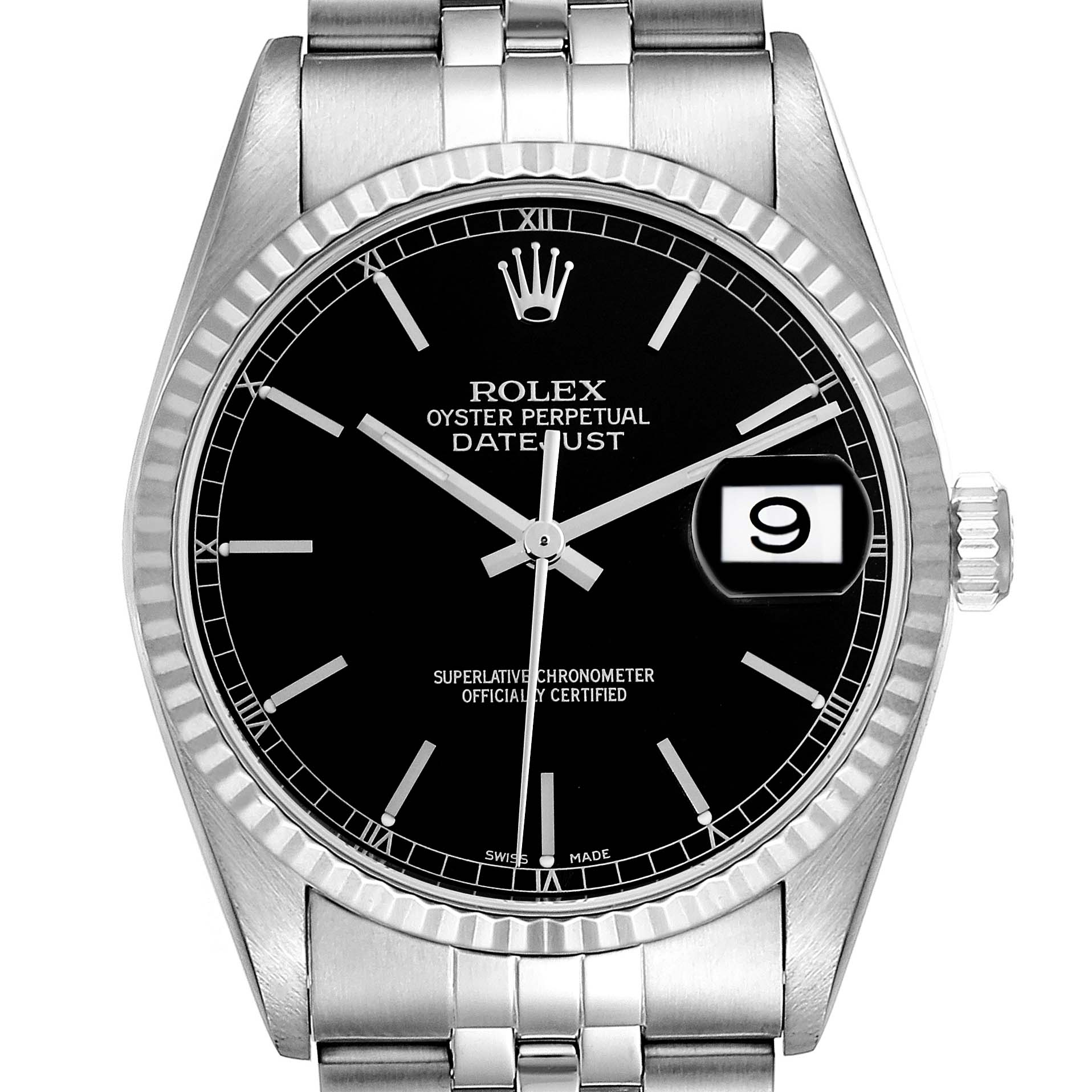 This image shows the front view of a Rolex Datejust 16234 Men's Stainless Steel Black Dial 16234 Men's Stainless Steel Black Dial watch, highlighting the dial, bezel, crown, and part of the bracelet.