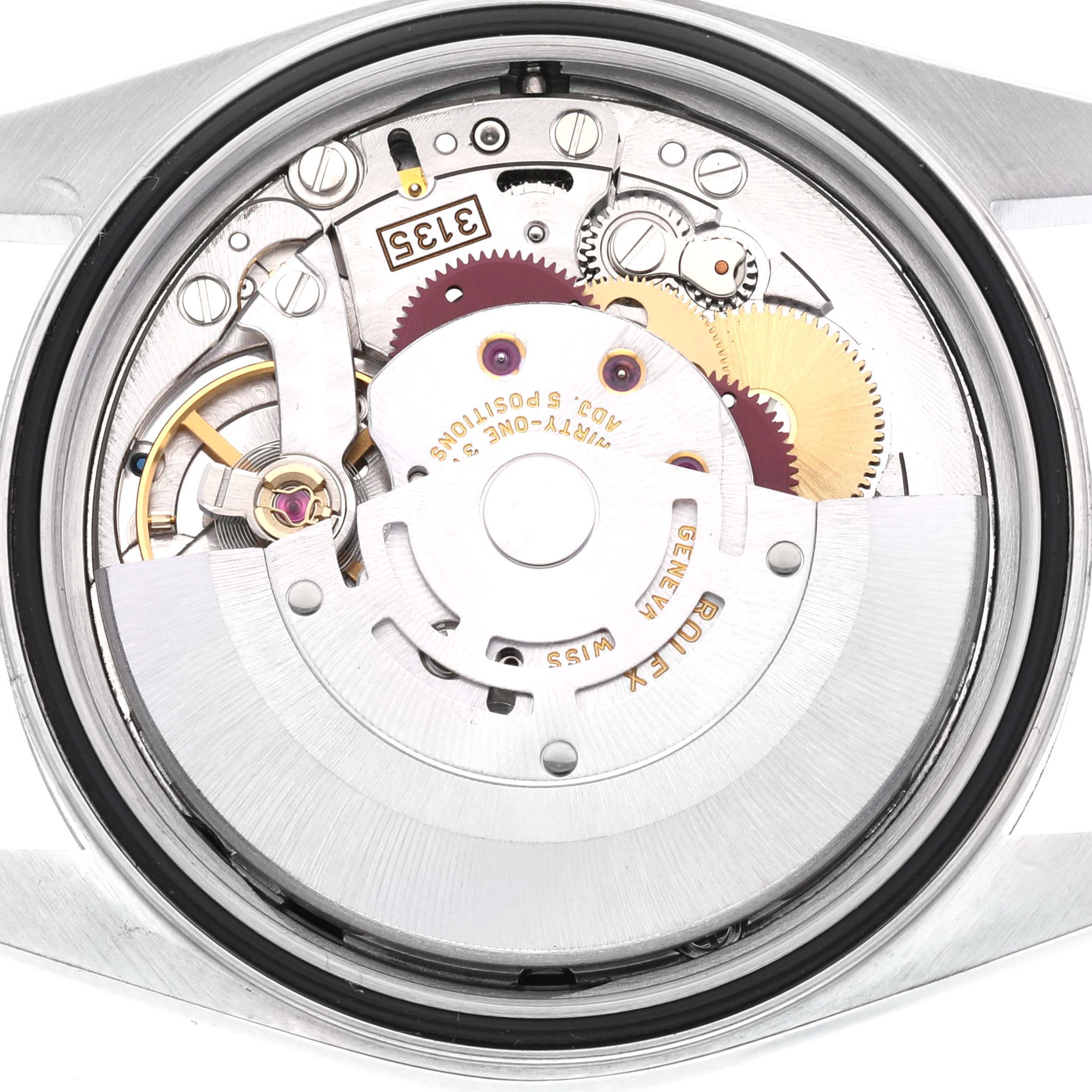 The image shows the internal mechanical movement of a Rolex Datejust 16234 Men's Stainless Steel Black Dial 16234 Men's Stainless Steel Black Dial watch from a top-down angle.