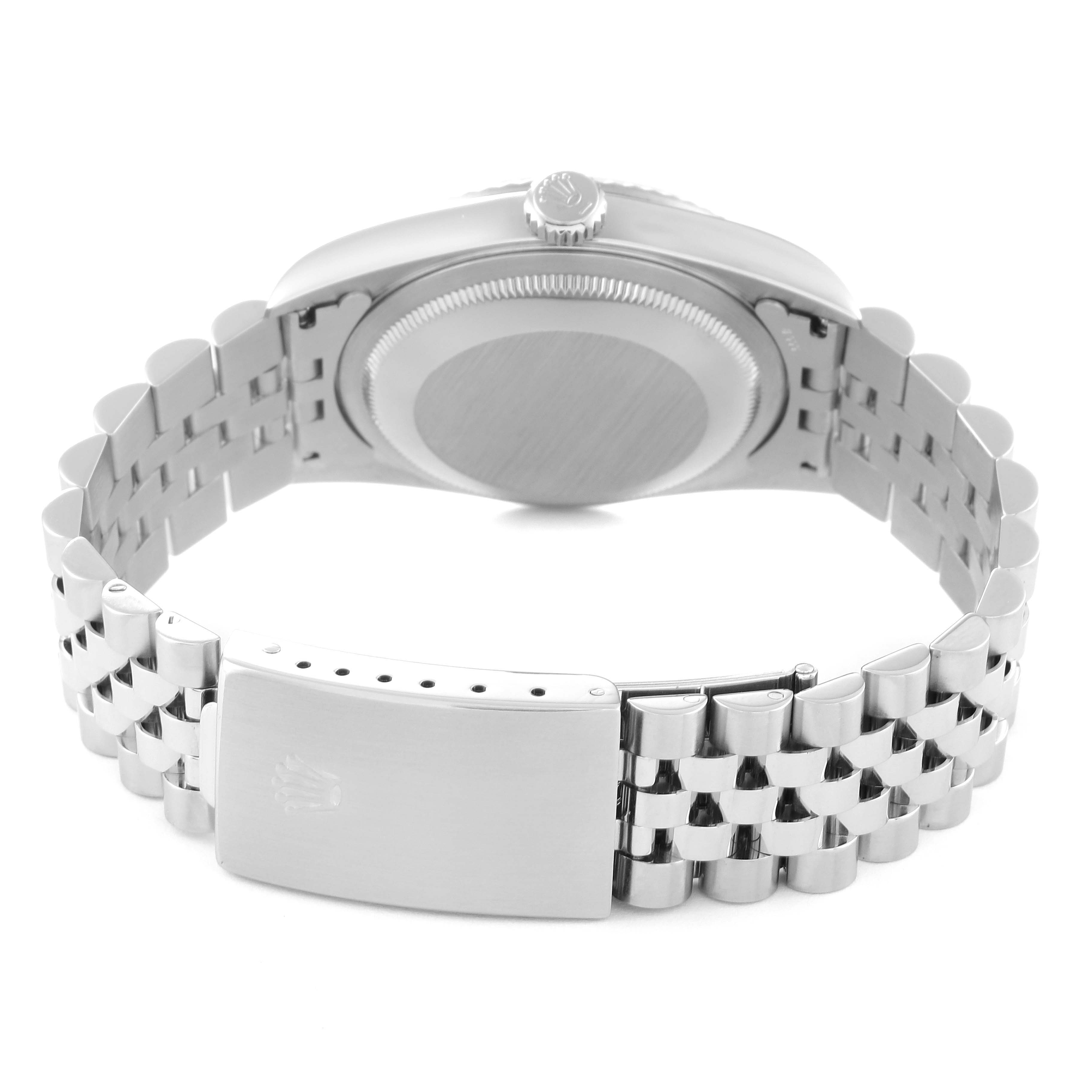 The image shows the back view of a Rolex Datejust 16234 Men's Stainless Steel Black Dial 16234 Men's Stainless Steel Black Dial watch, highlighting the case back, crown, and Jubilee bracelet with clasp.