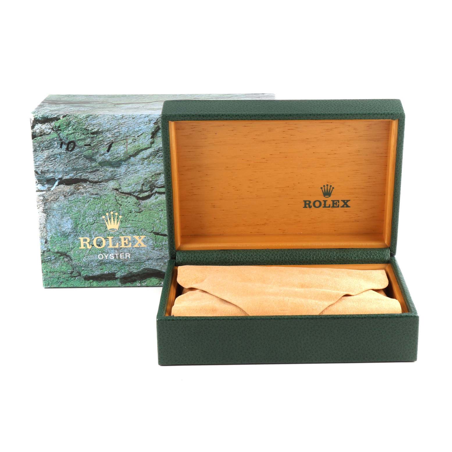 This image shows an open green Rolex box with wooden interior and an outer green box, seen from the front.
