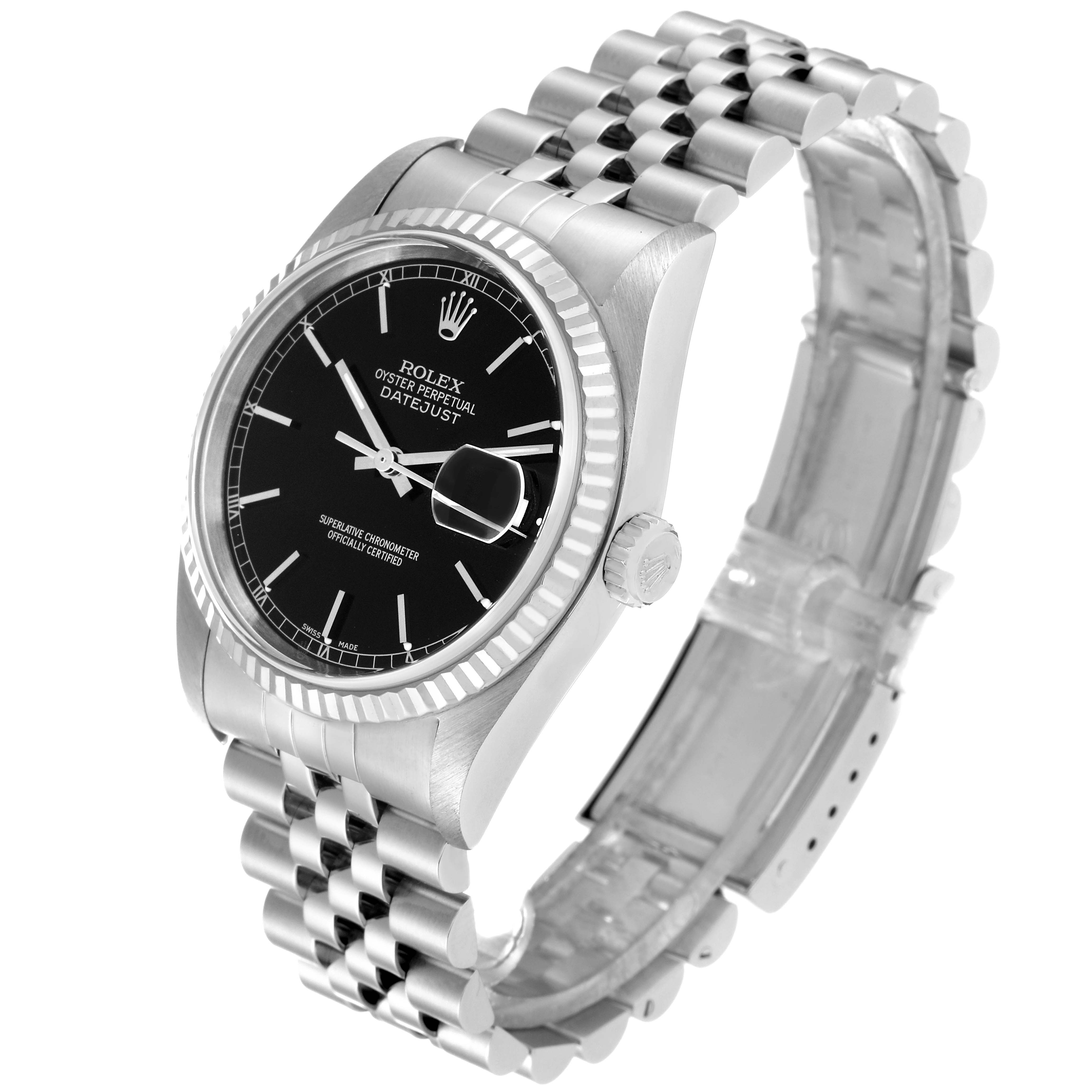 The image shows a Rolex Datejust 16234 Men's Stainless Steel Black Dial 16234 Men's Stainless Steel Black Dial watch at a three-quarter angle, displaying the dial, bezel, crown, and bracelet.