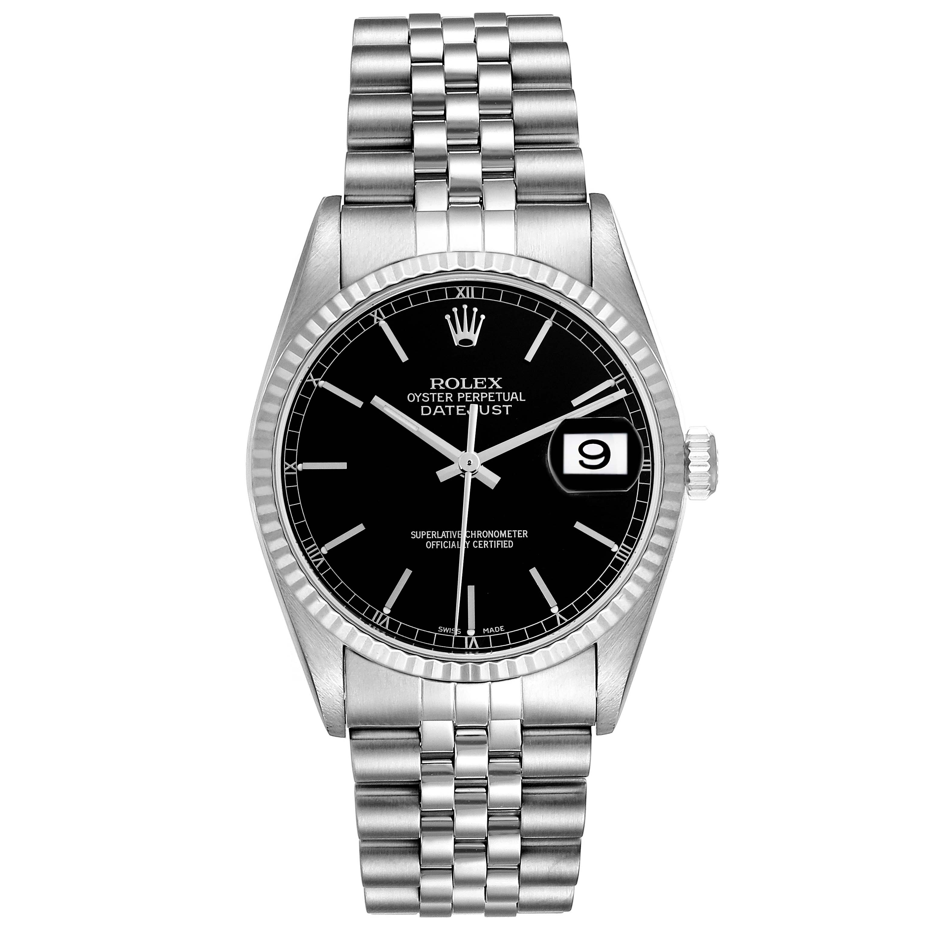 The Rolex Datejust 16234 Men's Stainless Steel Black Dial 16234 Men's Stainless Steel Black Dial watch is shown from a front angle, displaying its black dial, fluted bezel, and jubilee bracelet.
