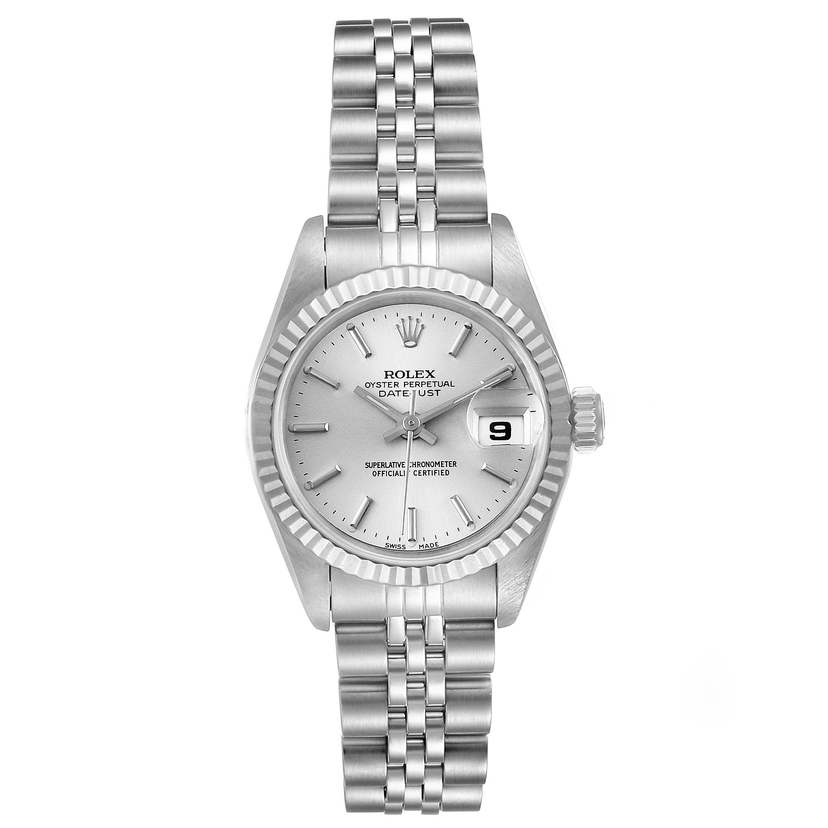 This image shows a Rolex Datejust 69174 Women's Stainless Steel Silver Dial 69174 Women's Stainless Steel Silver Dial watch from a top-down angle, featuring its silver dial, fluted bezel, and jubilee bracelet.