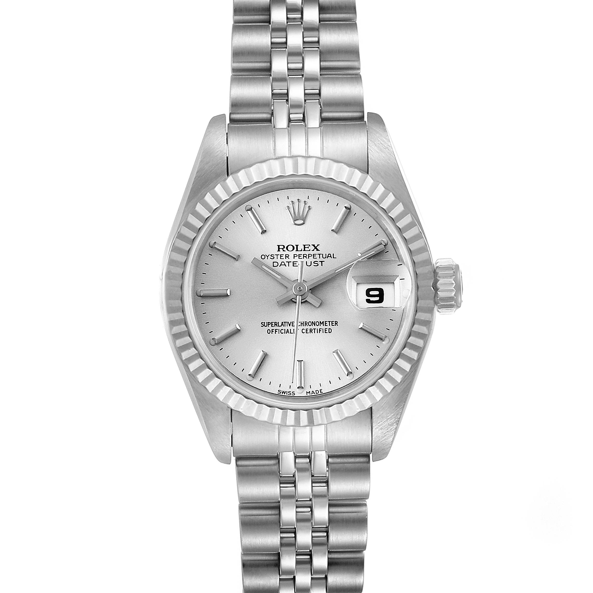 The image shows a Rolex Datejust 69174 Women's Stainless Steel Silver Dial 69174 Women's Stainless Steel Silver Dial watch from the front, displaying the dial, bezel, crown, and part of the bracelet.