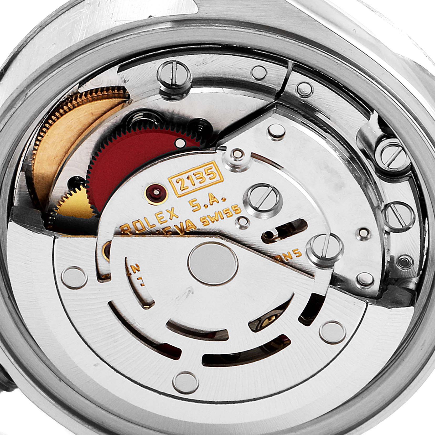 The image shows the internal mechanism of a Rolex Datejust 69174 Women's Stainless Steel Silver Dial 69174 Women's Stainless Steel Silver Dial watch from a close-up, rear angle.