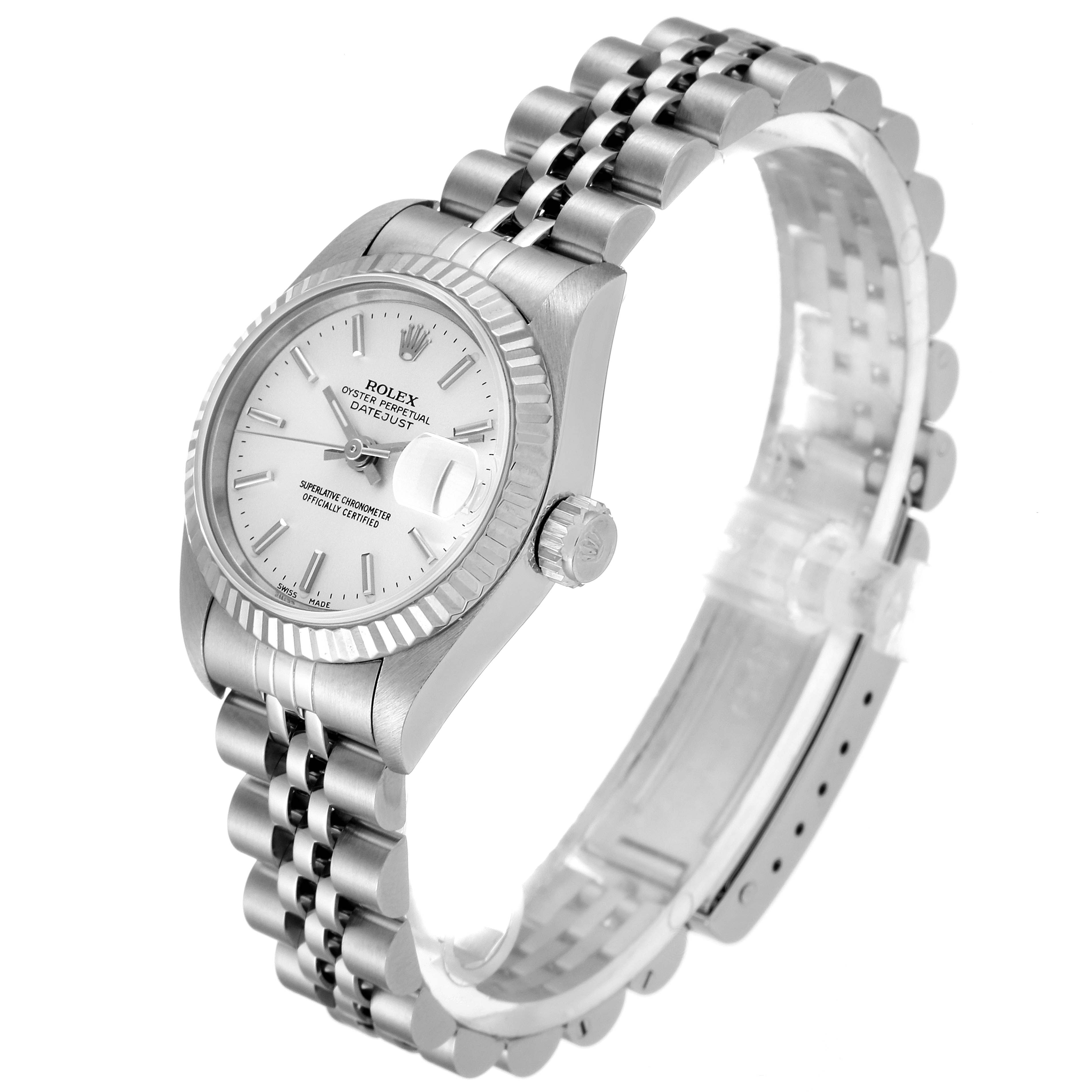 The Rolex Datejust 69174 Women's Stainless Steel Silver Dial 69174 Women's Stainless Steel Silver Dial watch is shown at a three-quarter angle, highlighting the face, bezel, crown, and Jubilee bracelet.