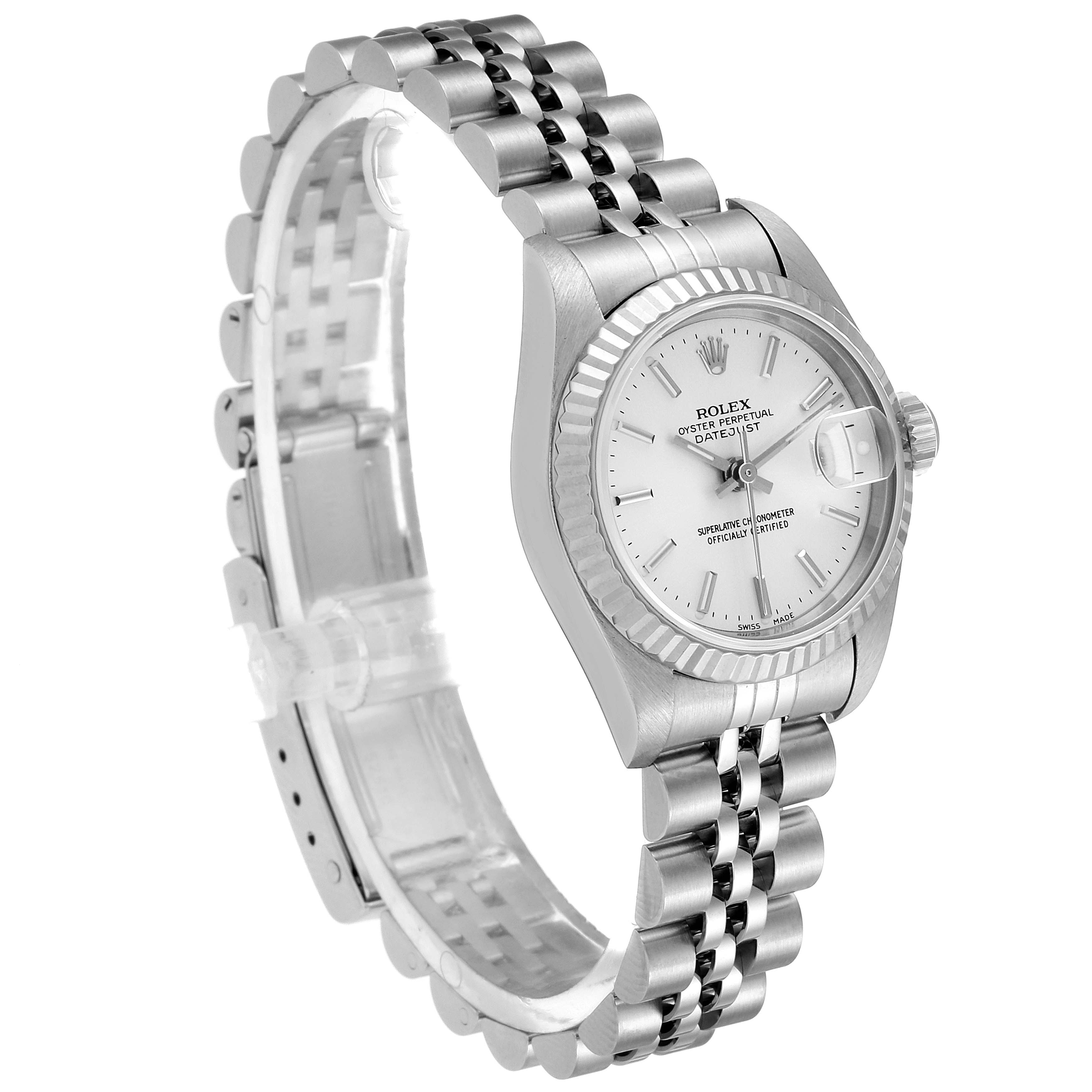 The Rolex Datejust 69174 Women's Stainless Steel Silver Dial 69174 Women's Stainless Steel Silver Dial watch is displayed at a three-quarter angle, showing the dial, bracelet, case, and crown.