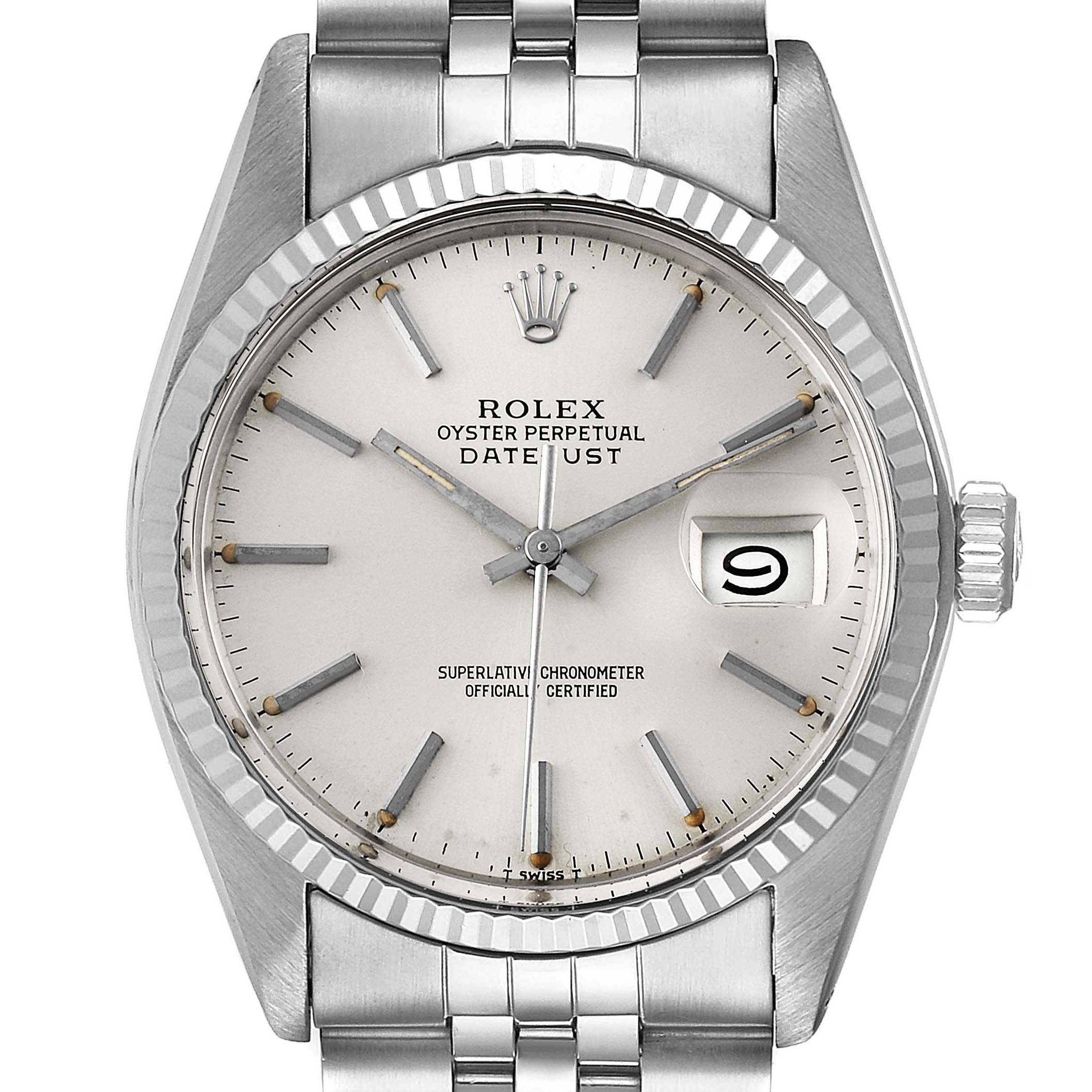 The image shows a close-up, front view of the Rolex Vintage Collection 16014 Men's Stainless Steel Silver Dial 16014 Men's Stainless Steel Silver Dial Datejust model, highlighting the dial and bracelet.