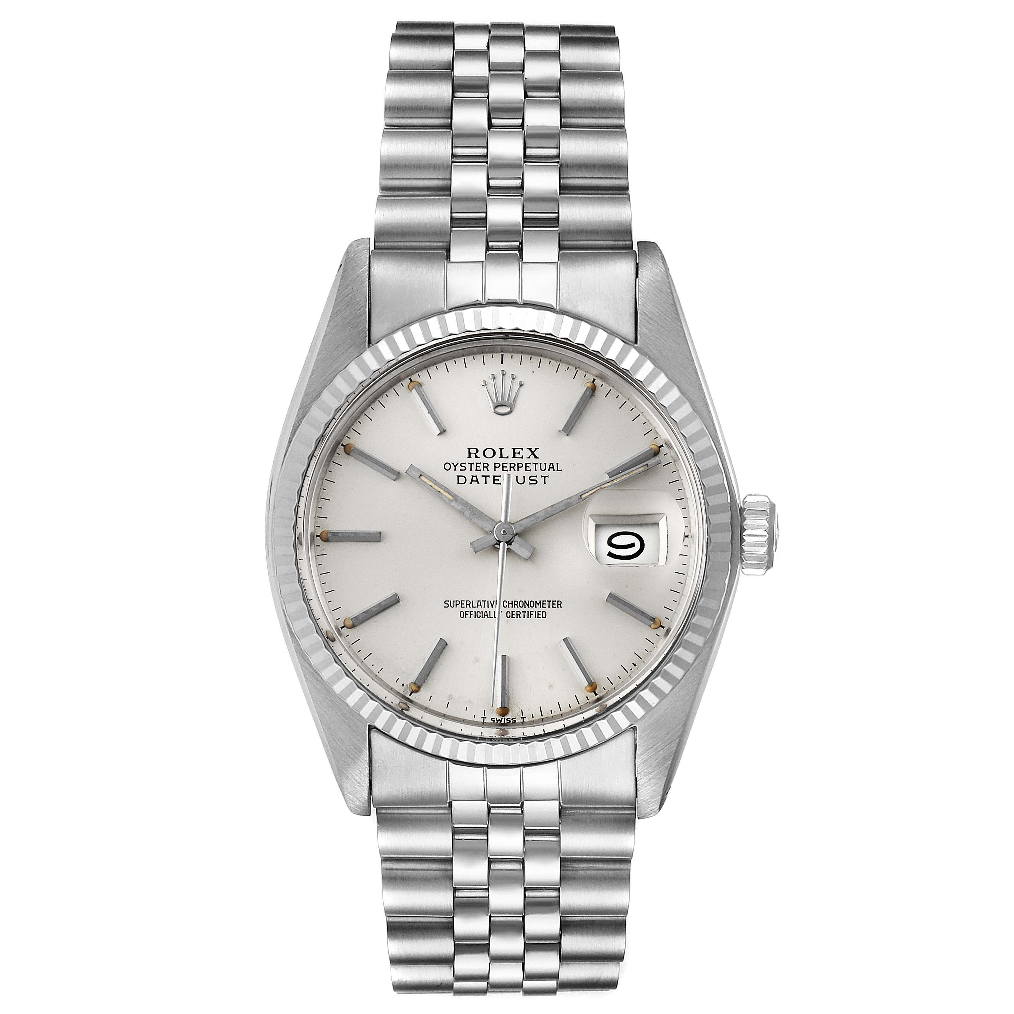 The image shows a front view of the Rolex Vintage Collection 16014 Men's Stainless Steel Silver Dial 16014 Men's Stainless Steel Silver Dial Oyster Perpetual Datejust watch, including its dial, case, and bracelet.