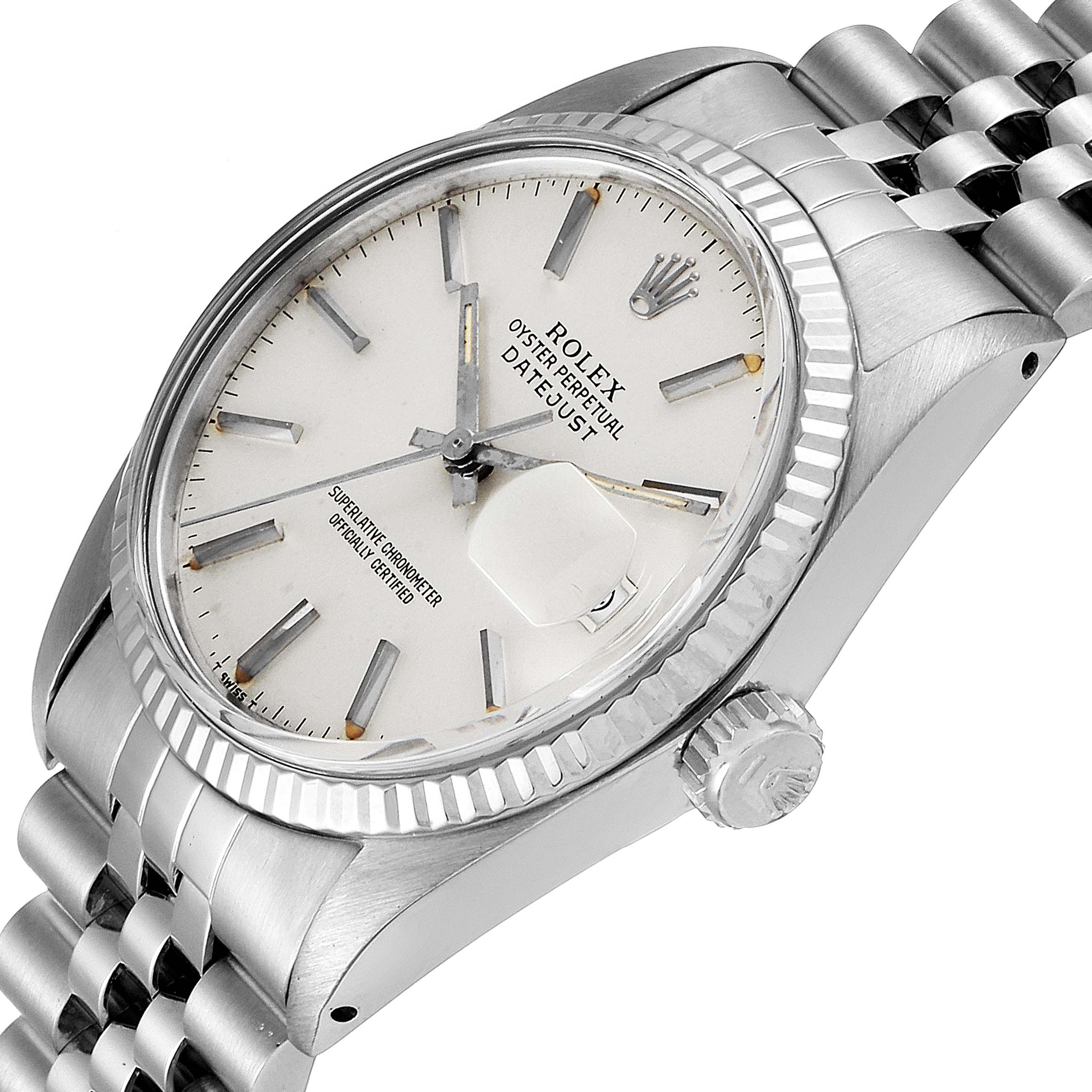 The image shows a close-up angled view of the dial, bezel, crown, and part of the bracelet of a Rolex Vintage Collection 16014 Men's Stainless Steel Silver Dial 16014 Men's Stainless Steel Silver Dial watch.