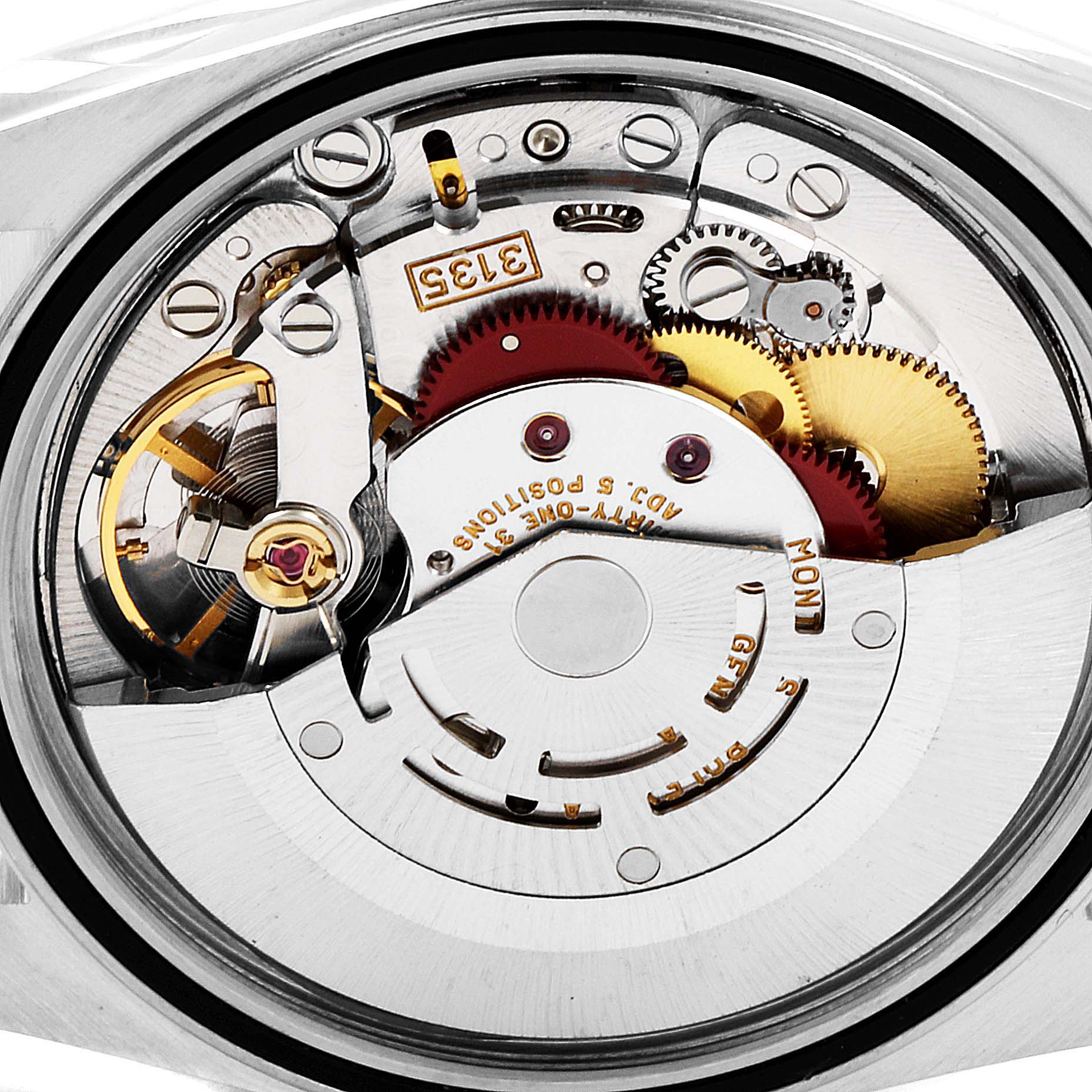 This image shows a close-up view of the movement and internal components of a Rolex Datejust 16233 Men's Steel and Gold (two tone) Blue Dial 16233 Men's Steel and Gold (two tone) Blue Dial watch.