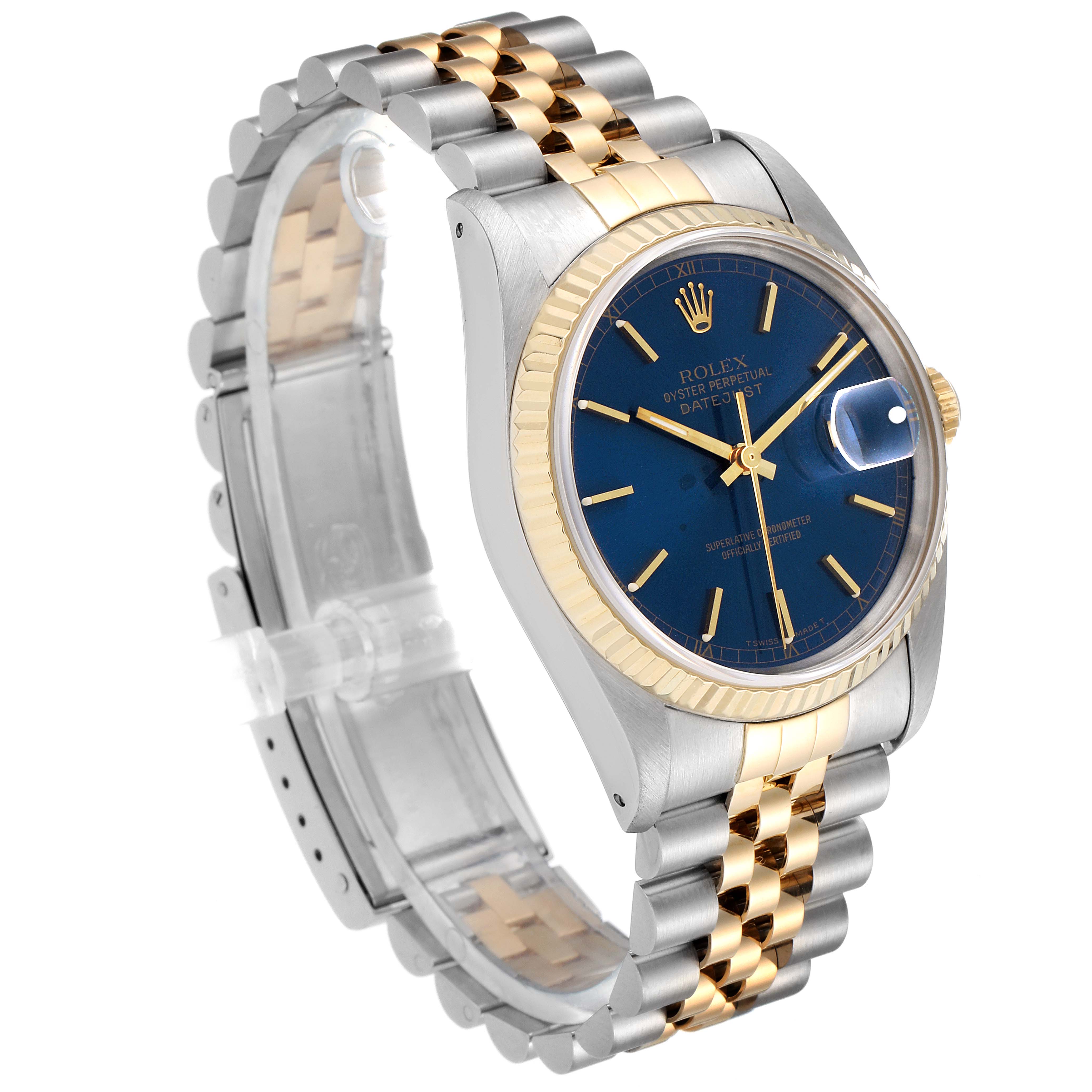 The Rolex Datejust 16233 Men's Steel and Gold (two tone) Blue Dial 16233 Men's Steel and Gold (two tone) Blue Dial watch is shown at a three-quarter angle, highlighting its blue dial, two-tone bracelet, and fluted bezel.