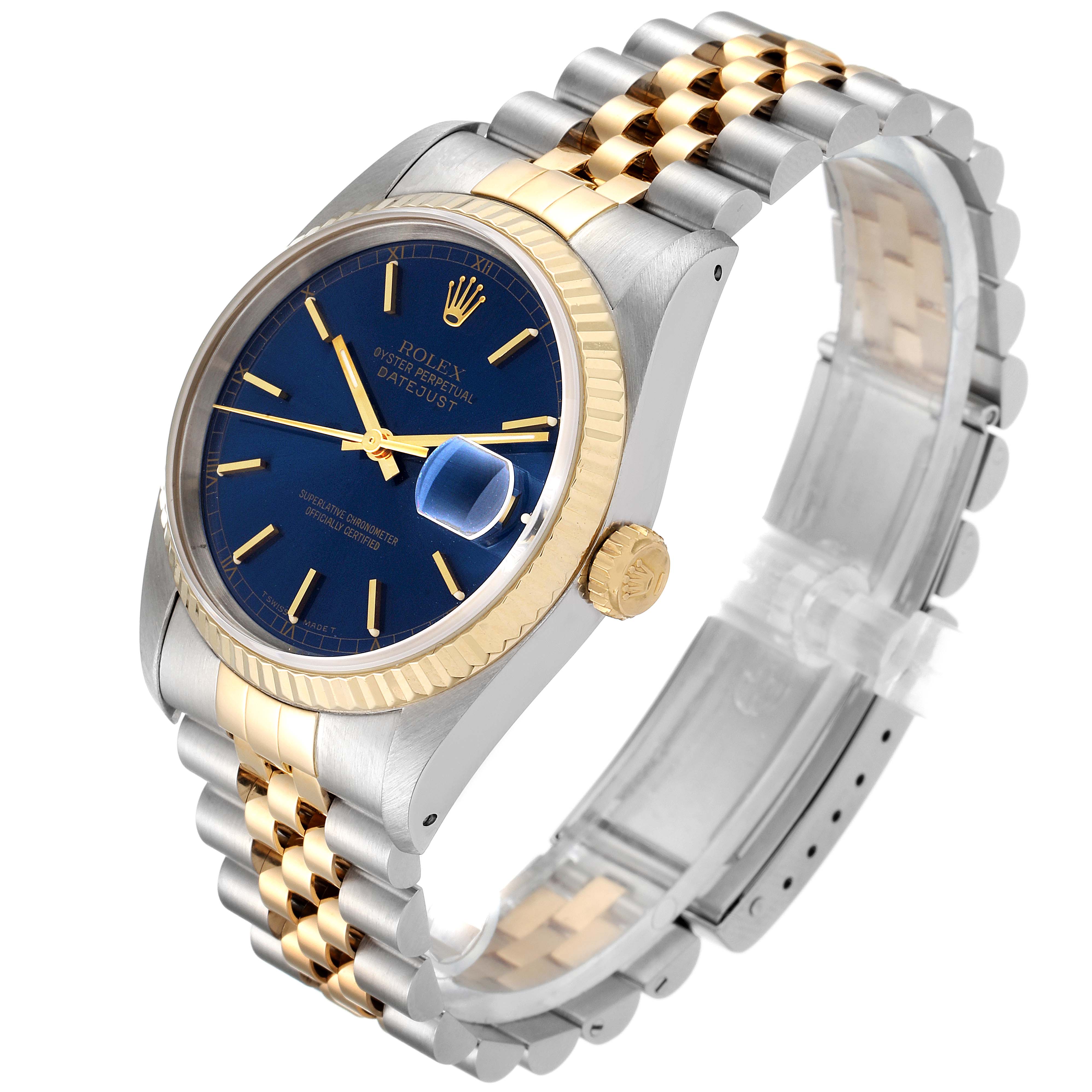 This image shows a Rolex Datejust 16233 Men's Steel and Gold (two tone) Blue Dial 16233 Men's Steel and Gold (two tone) Blue Dial watch featuring a blue dial, gold fluted bezel, and a two-tone jubilee bracelet displayed at a front-facing angle.