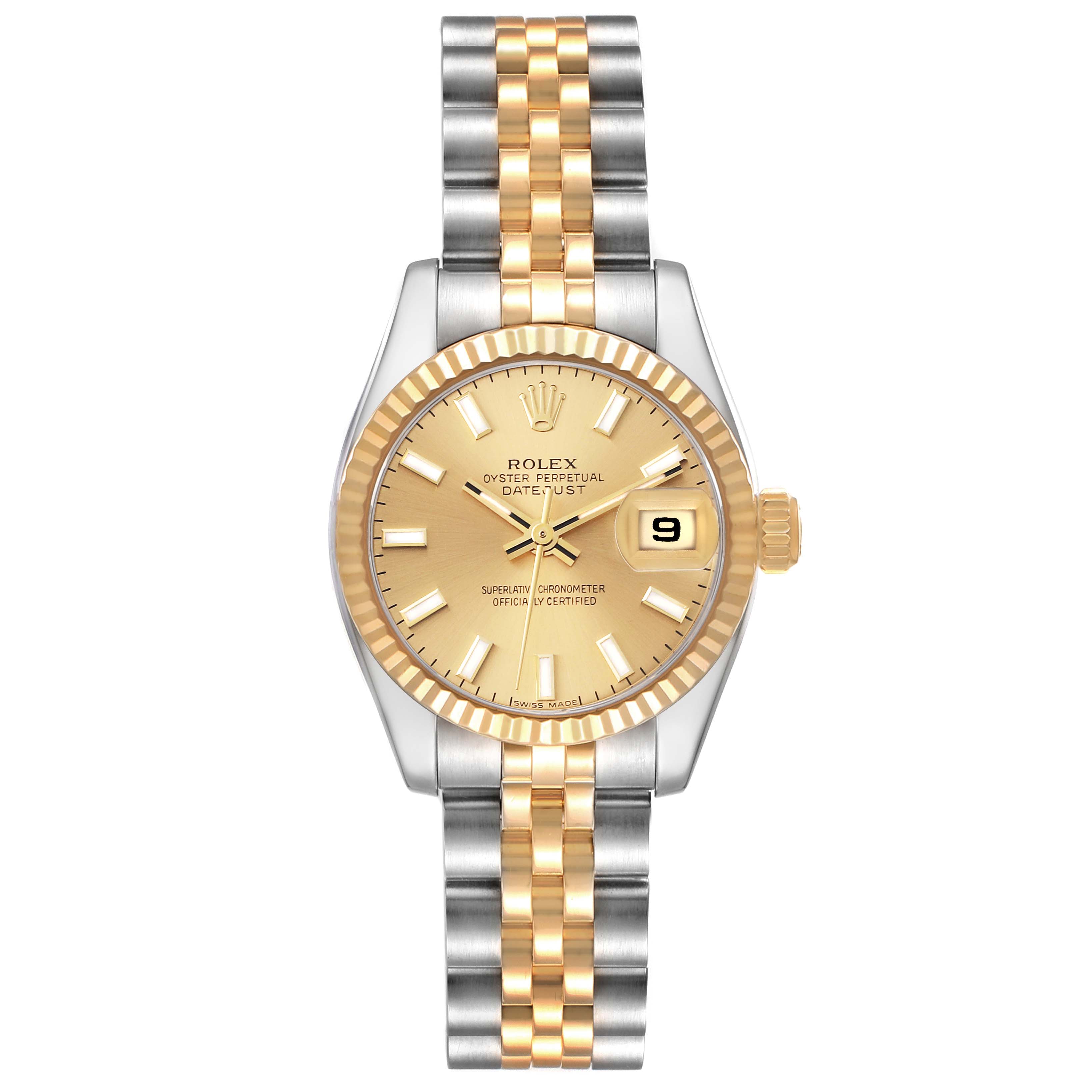 The image shows a frontal view of a Rolex Datejust 179173 Women's Steel and Gold (two tone) Champagne Dial 179173 Women's Steel and Gold (two tone) Champagne Dial watch, featuring a gold dial, fluted bezel, and two-tone bracelet.