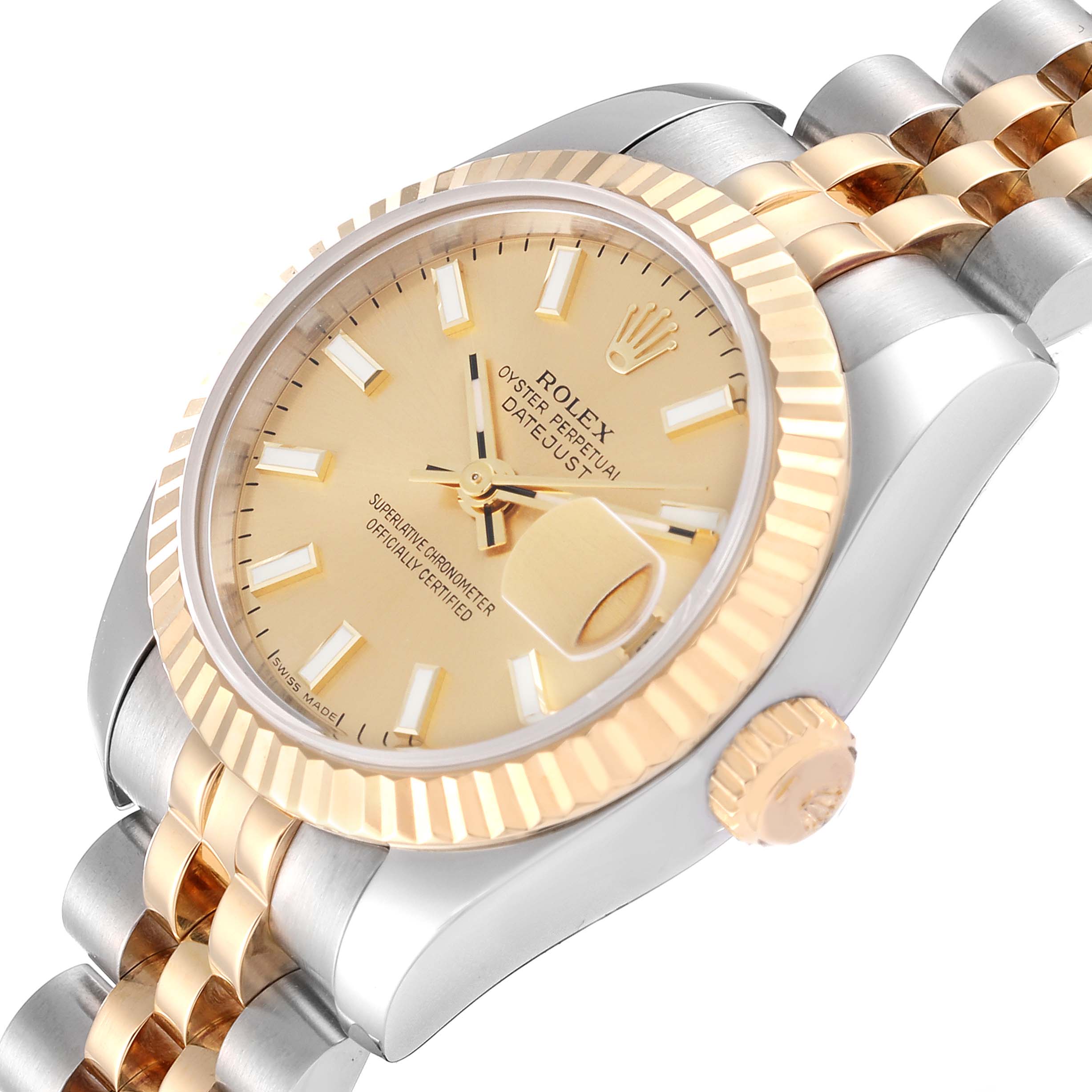This image shows a side angle of a Rolex Datejust 179173 Women's Steel and Gold (two tone) Champagne Dial 179173 Women's Steel and Gold (two tone) Champagne Dial watch highlighting the dial, crown, and bracelet.