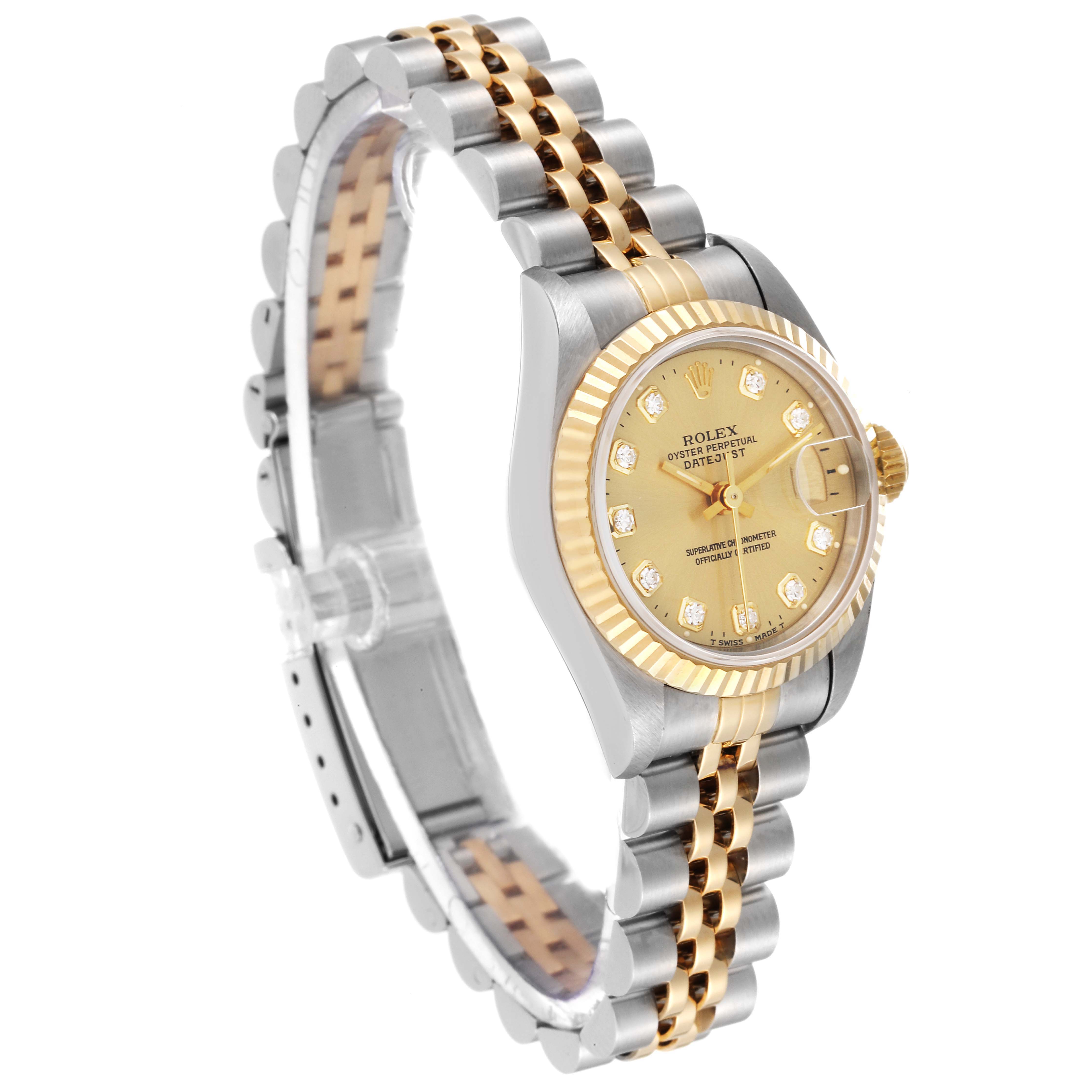 The image shows a Rolex Datejust 69173 Women's Steel and Gold (two tone) Champagne Dial 69173 Women's Steel and Gold (two tone) Champagne Dial watch at a three-quarter angle, highlighting its gold and silver bracelet, and diamond-accented dial.