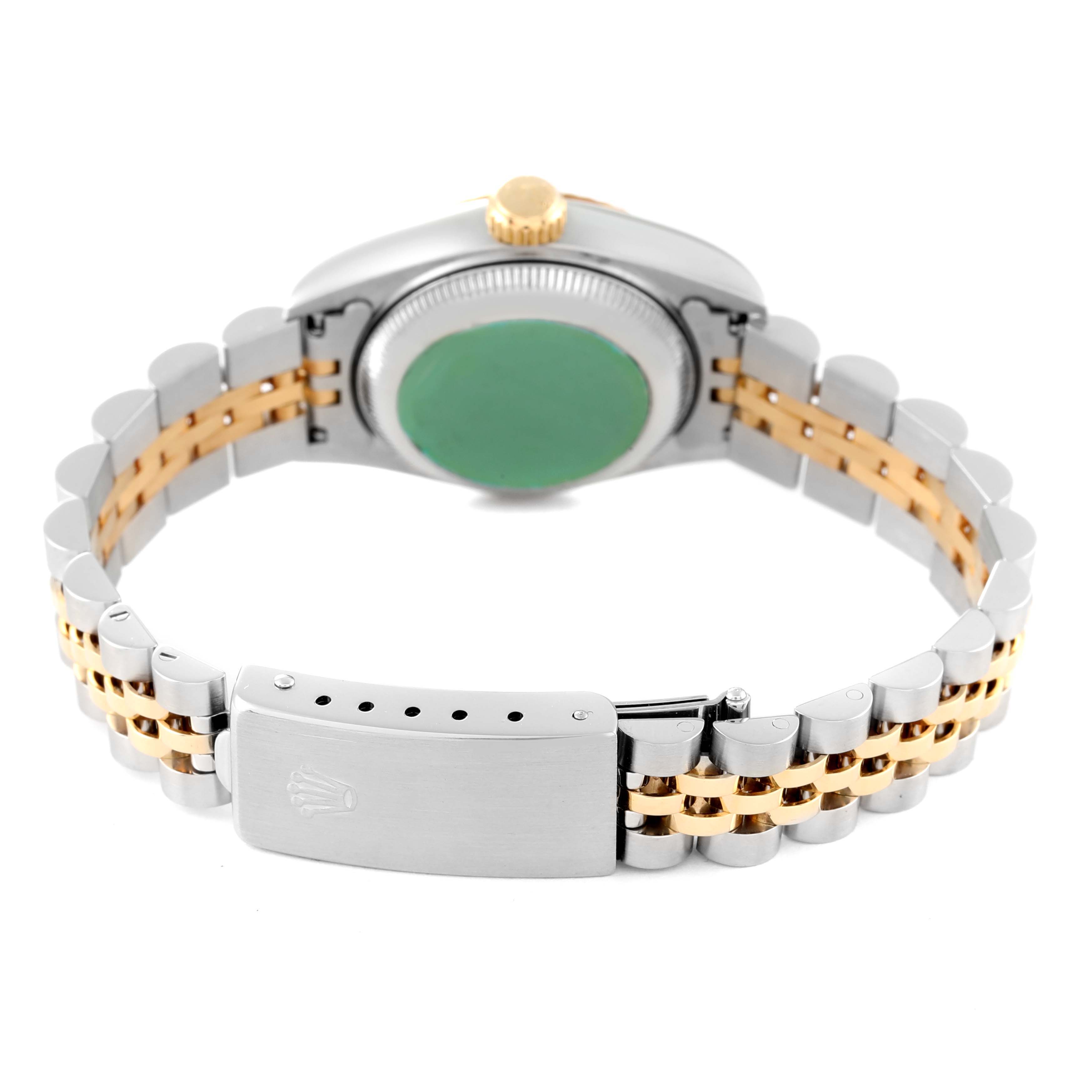 This image shows the back view of a Rolex Datejust 69173 Women's Steel and Gold (two tone) Champagne Dial 69173 Women's Steel and Gold (two tone) Champagne Dial watch, highlighting its bracelet, clasp, and caseback.