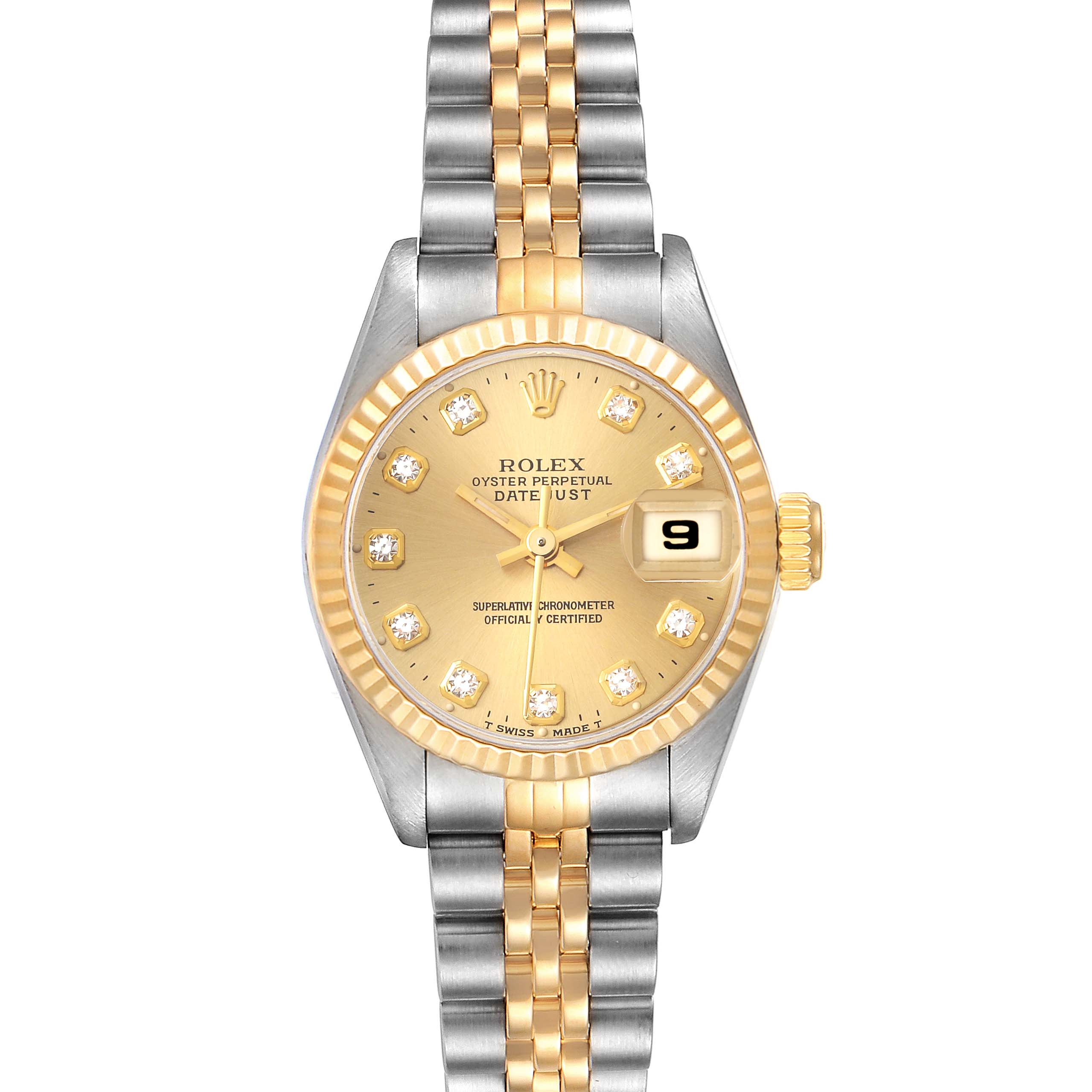 The Rolex Datejust 69173 Women's Steel and Gold (two tone) Champagne Dial 69173 Women's Steel and Gold (two tone) Champagne Dial watch is shown from a top-down angle, highlighting its gold and silver bracelet, bezel, and face.