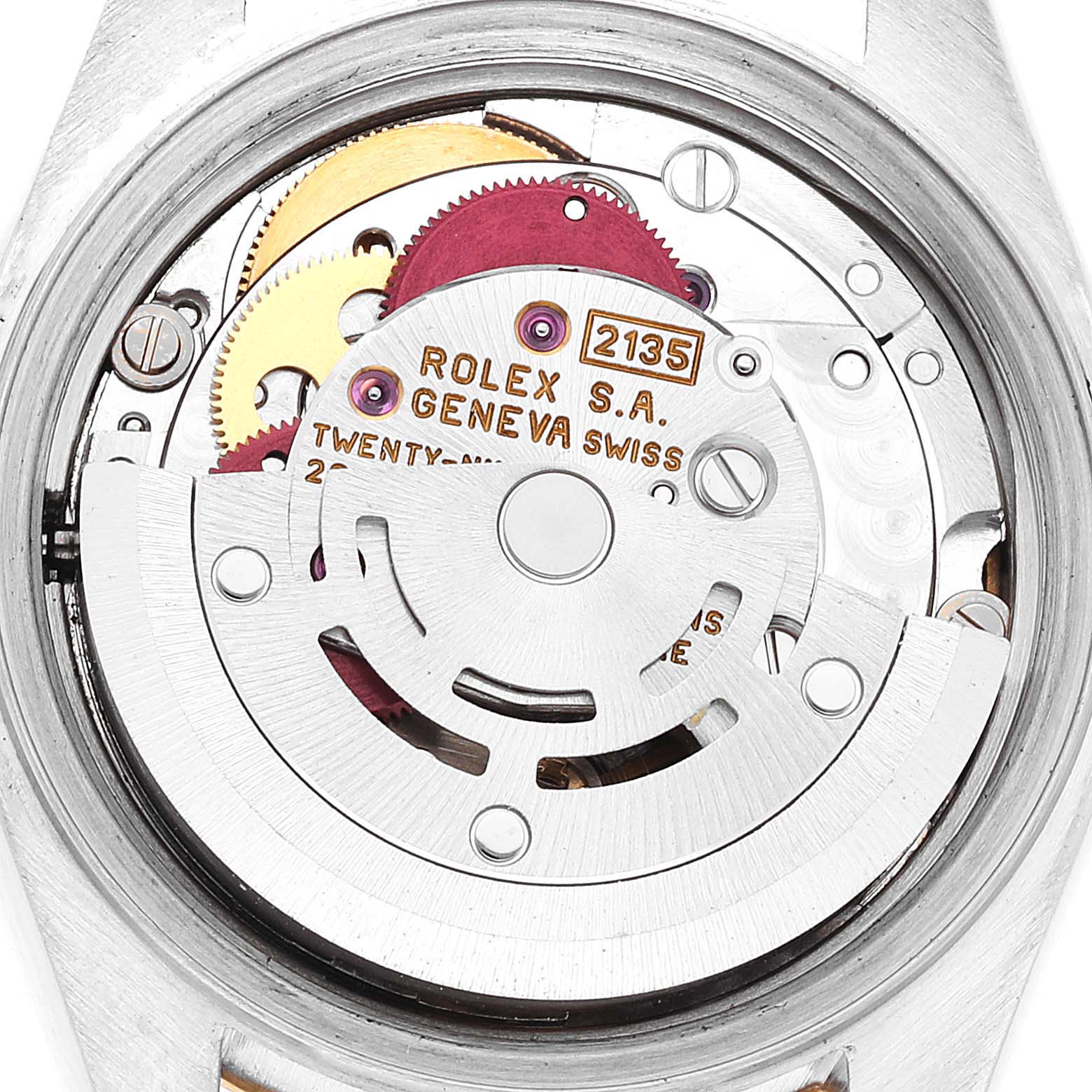 This image shows the internal movement mechanism of the Rolex Datejust 69173 Women's Steel and Gold (two tone) Champagne Dial 69173 Women's Steel and Gold (two tone) Champagne Dial model viewed from the back.