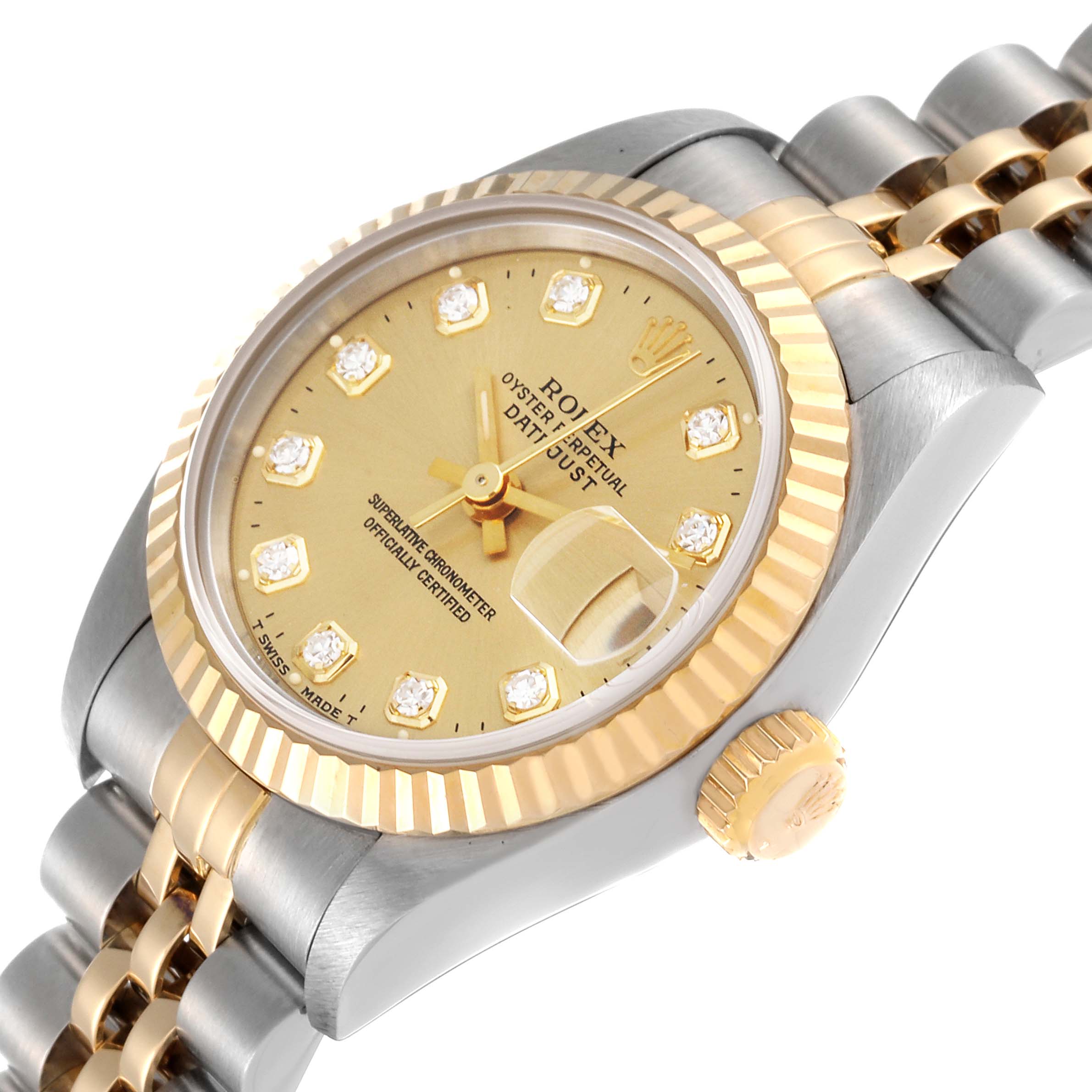 The Rolex Datejust 69173 Women's Steel and Gold (two tone) Champagne Dial 69173 Women's Steel and Gold (two tone) Champagne Dial watch is shown at an angled close-up, highlighting the yellow gold bezel, dial with diamond markers, crown, and two-tone bracelet.