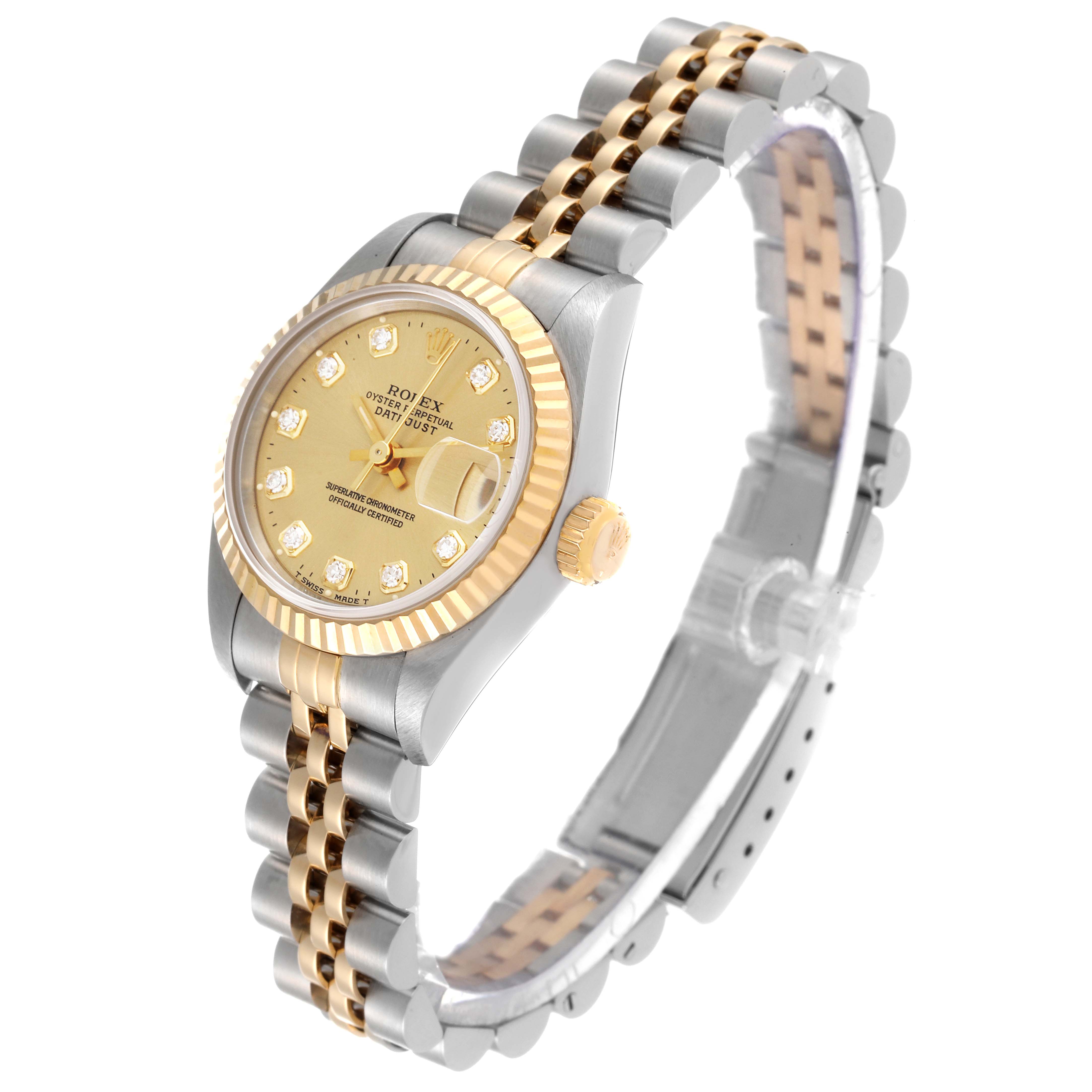 The image shows a side-angle view of a Rolex Datejust 69173 Women's Steel and Gold (two tone) Champagne Dial 69173 Women's Steel and Gold (two tone) Champagne Dial watch, highlighting its dial, bezel, crown, and two-tone bracelet.