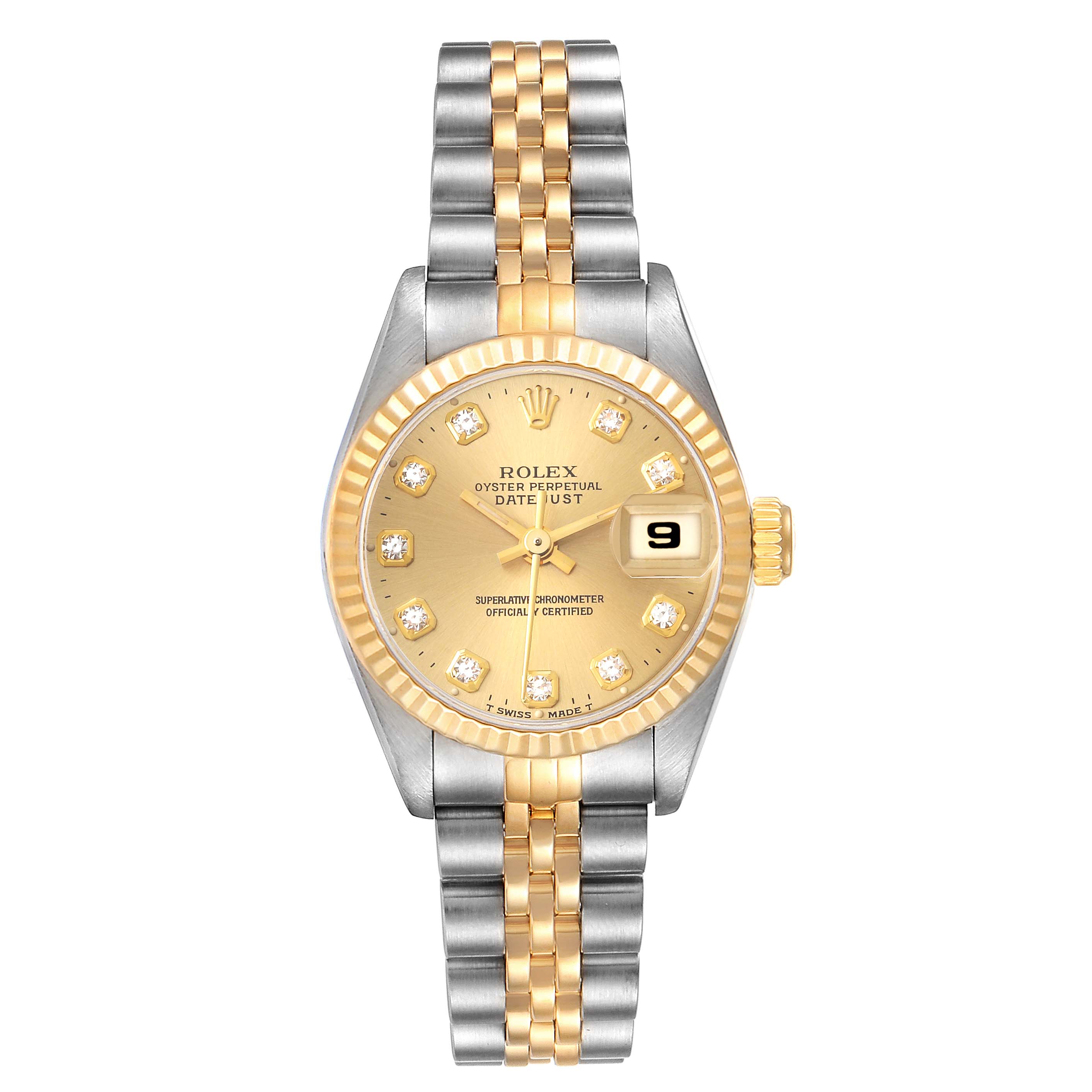 This image shows a frontal view of a Rolex Datejust 69173 Women's Steel and Gold (two tone) Champagne Dial 69173 Women's Steel and Gold (two tone) Champagne Dial watch, highlighting its gold dial, fluted bezel, and two-tone bracelet.