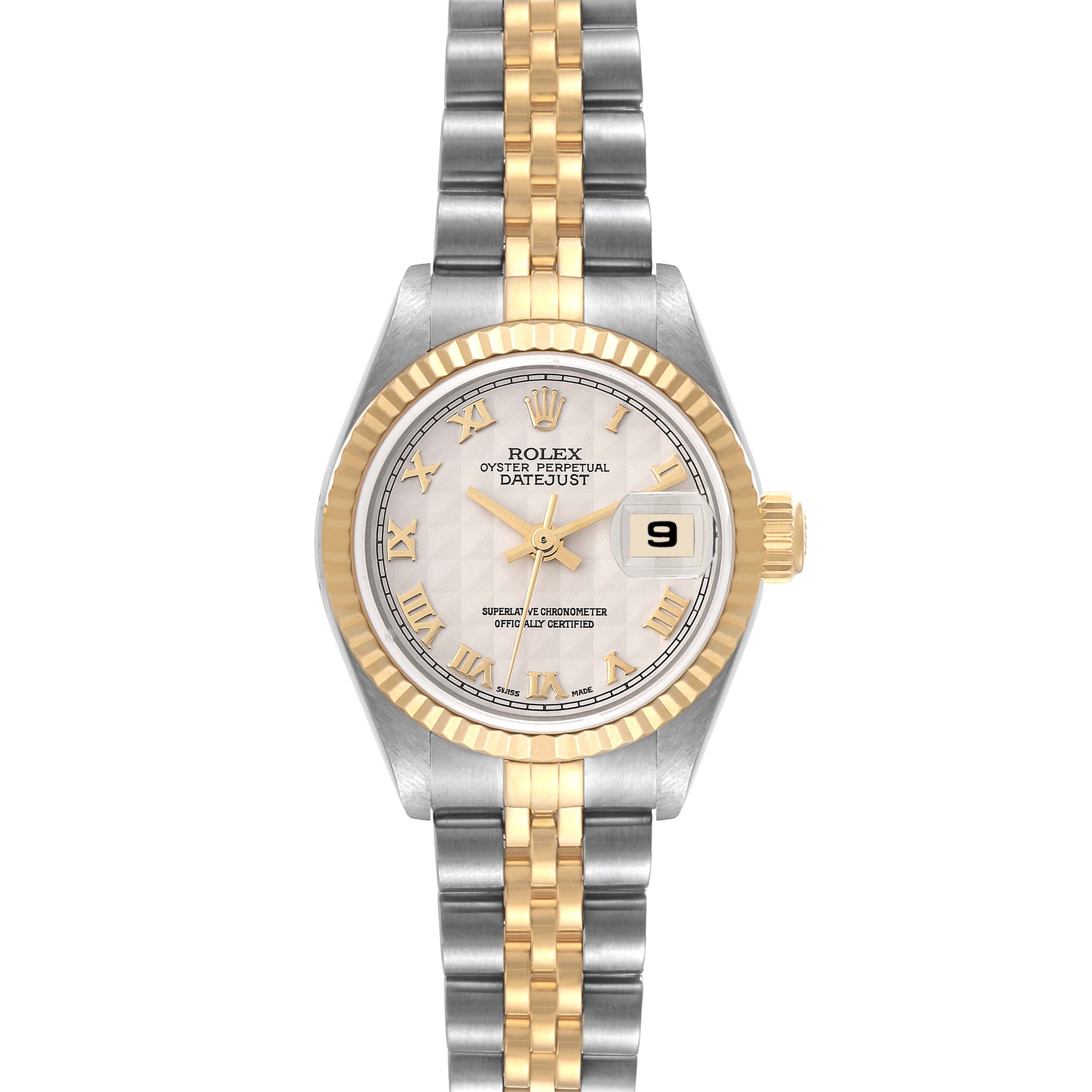 The Rolex Datejust 79173 Women's Steel and Gold (two tone) Beige Dial 79173 Women's Steel and Gold (two tone) Beige Dial watch is pictured from the front, showing the full face, bezel, crown, and the two-tone bracelet.