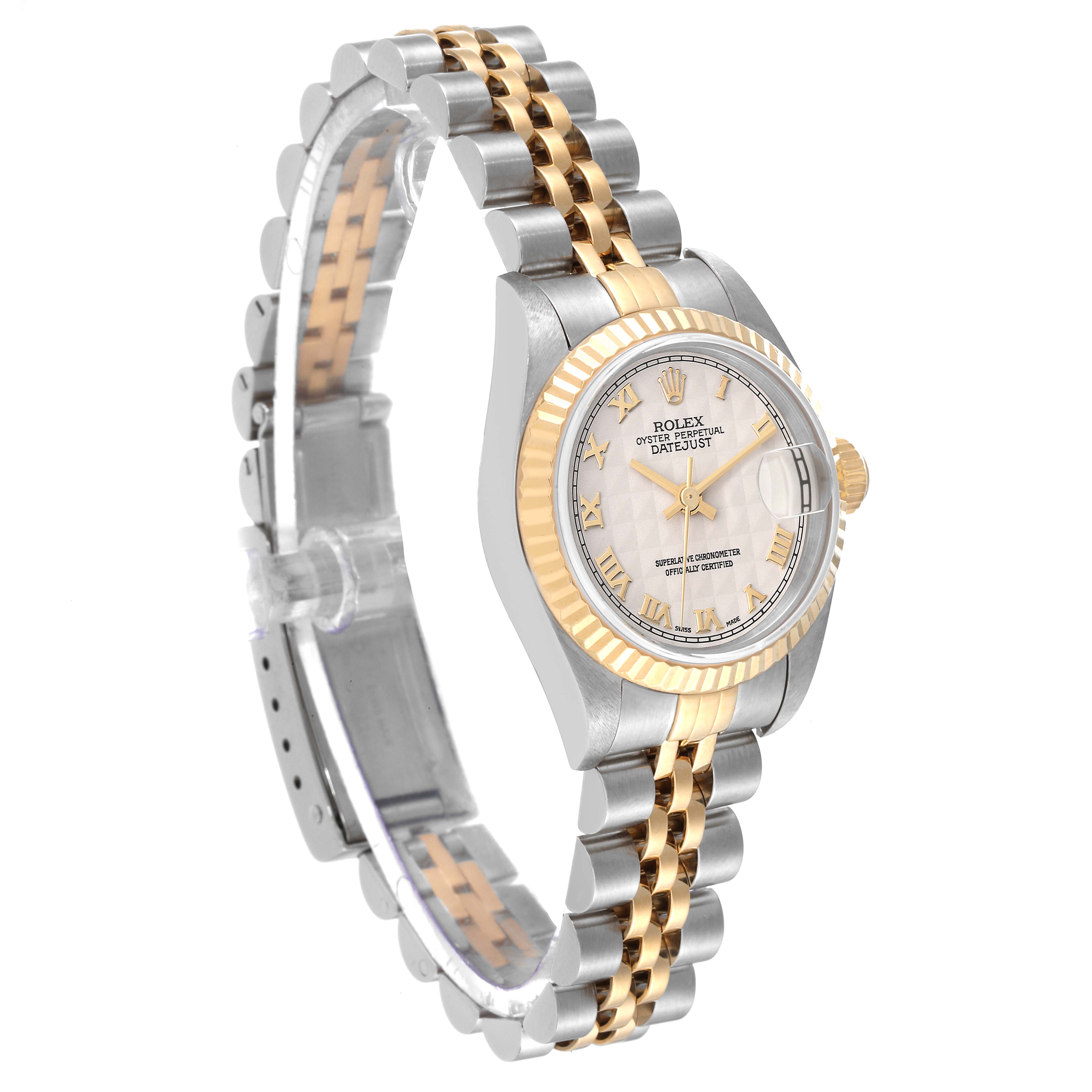 This Rolex Datejust 79173 Women's Steel and Gold (two tone) Beige Dial 79173 Women's Steel and Gold (two tone) Beige Dial watch is shown from an angled side view, featuring the dial, bezel, and bracelet.