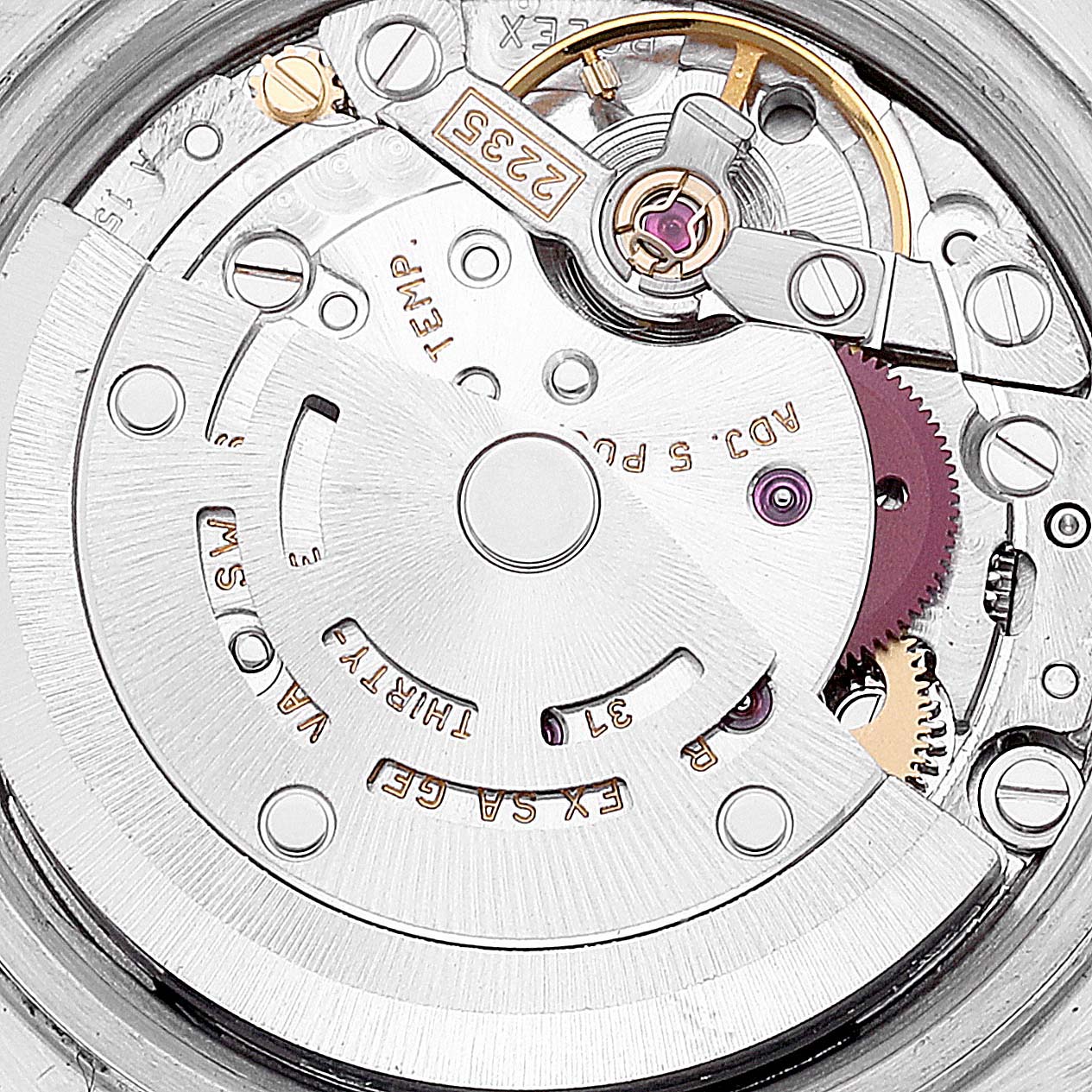 This image shows a close-up view of the movement mechanism of a Rolex Datejust 79173 Women's Steel and Gold (two tone) Beige Dial 79173 Women's Steel and Gold (two tone) Beige Dial watch.