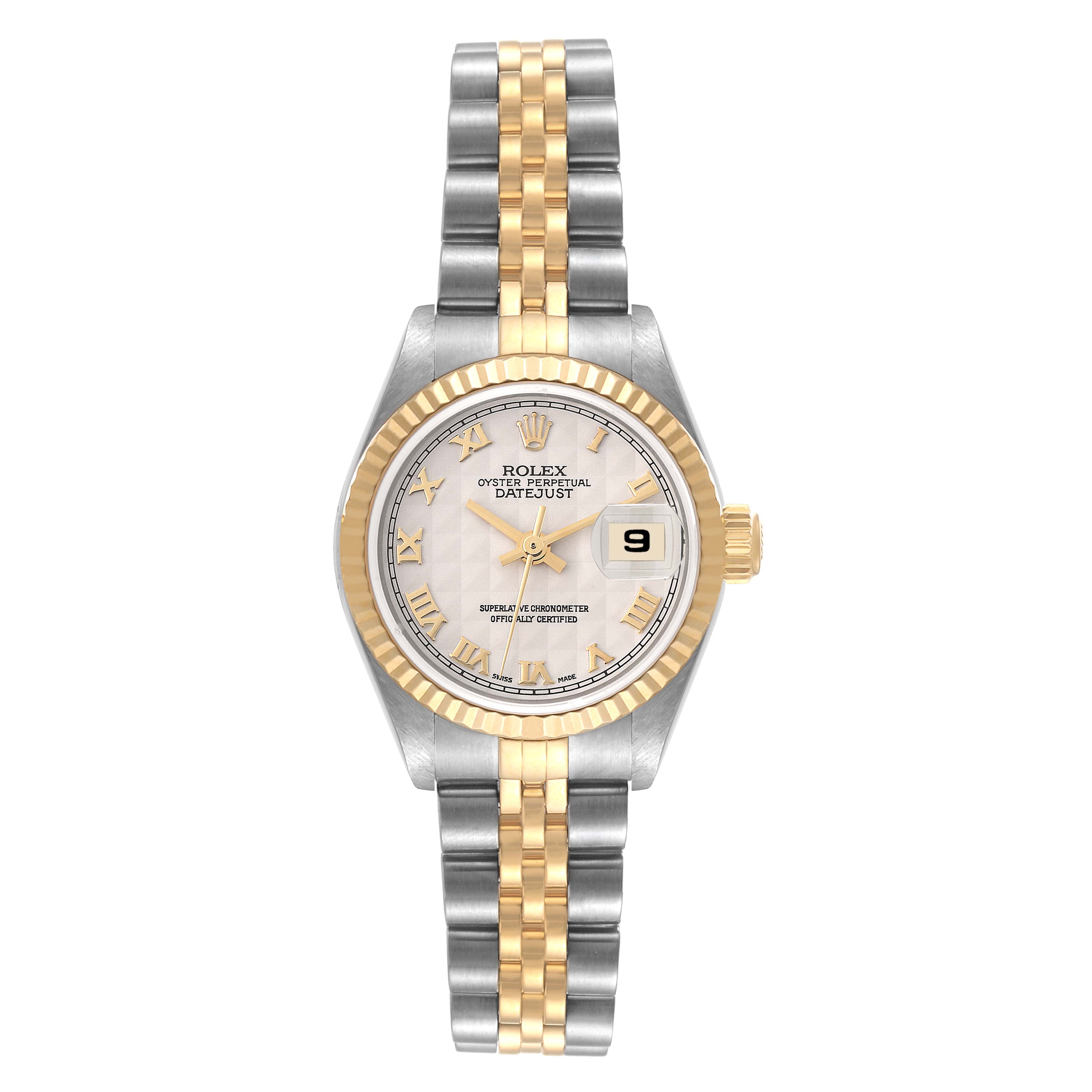 The image shows a Rolex Datejust 79173 Women's Steel and Gold (two tone) Beige Dial 79173 Women's Steel and Gold (two tone) Beige Dial watch from a front view, displaying its face, bezel, and bi-metal bracelet.