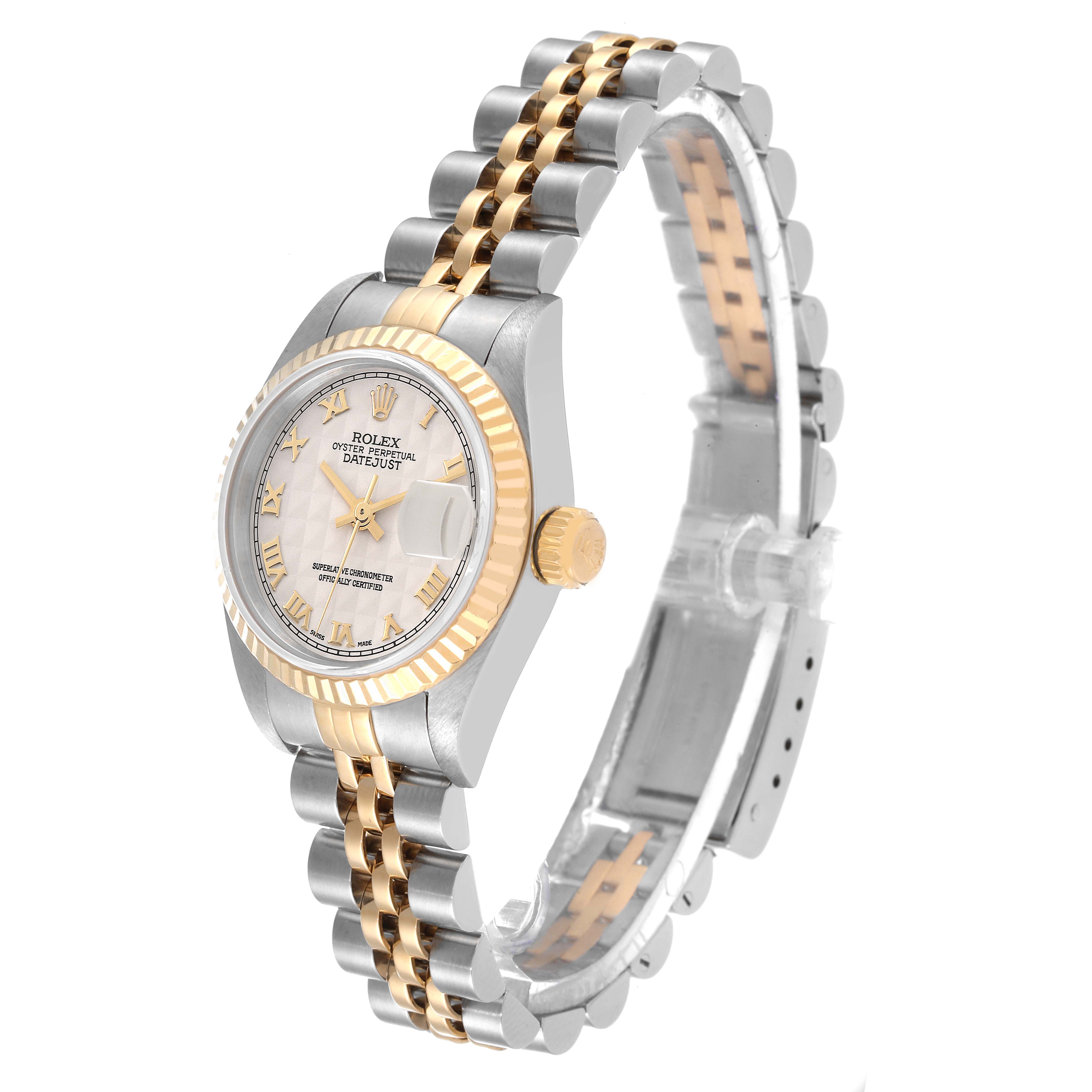 The image shows a side view of a Rolex Datejust 79173 Women's Steel and Gold (two tone) Beige Dial 79173 Women's Steel and Gold (two tone) Beige Dial watch, highlighting its face, bezel, crown, and metal bracelet.