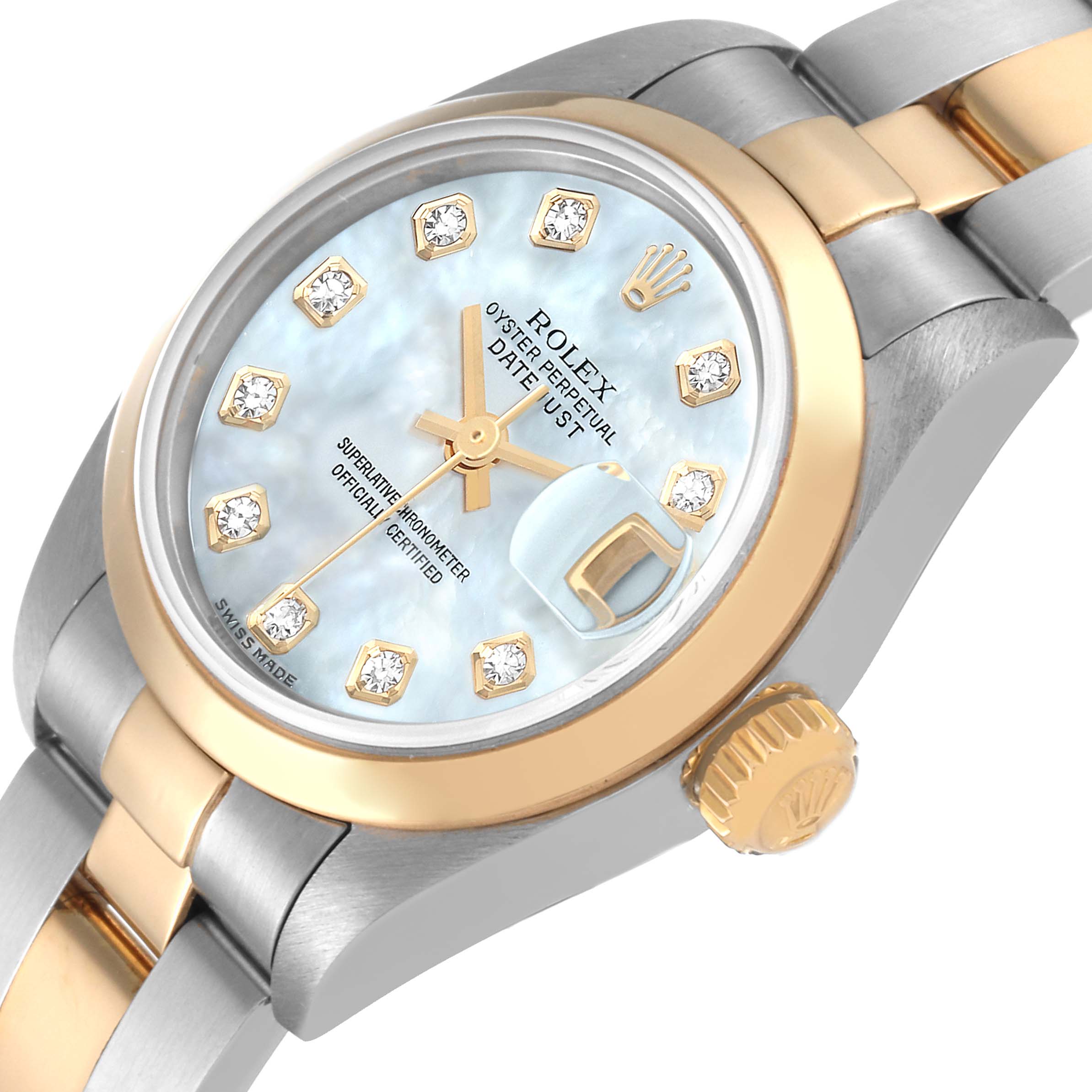 The image shows a close-up, angled view of a Rolex Datejust 79163 Women's Steel and Gold (two tone) Mother of Pearl Dial 79163 Women's Steel and Gold (two tone) Mother of Pearl Dial watch, highlighting the dial, bezel, and part of the bracelet.