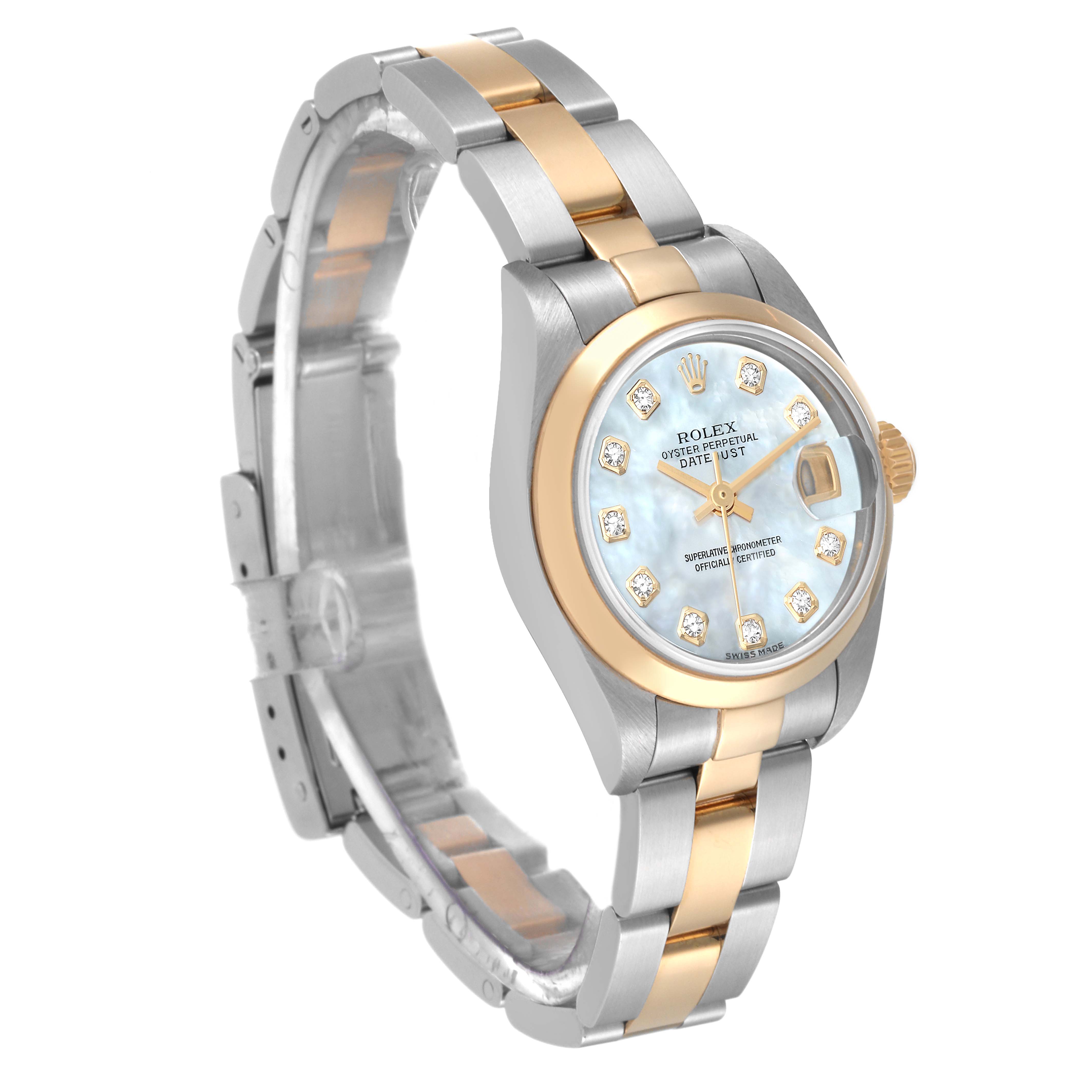 The Rolex Datejust 79163 Women's Steel and Gold (two tone) Mother of Pearl Dial 79163 Women's Steel and Gold (two tone) Mother of Pearl Dial is shown at a slight angle, highlighting the face, bezel, crown, and bracelet with its two-tone design.