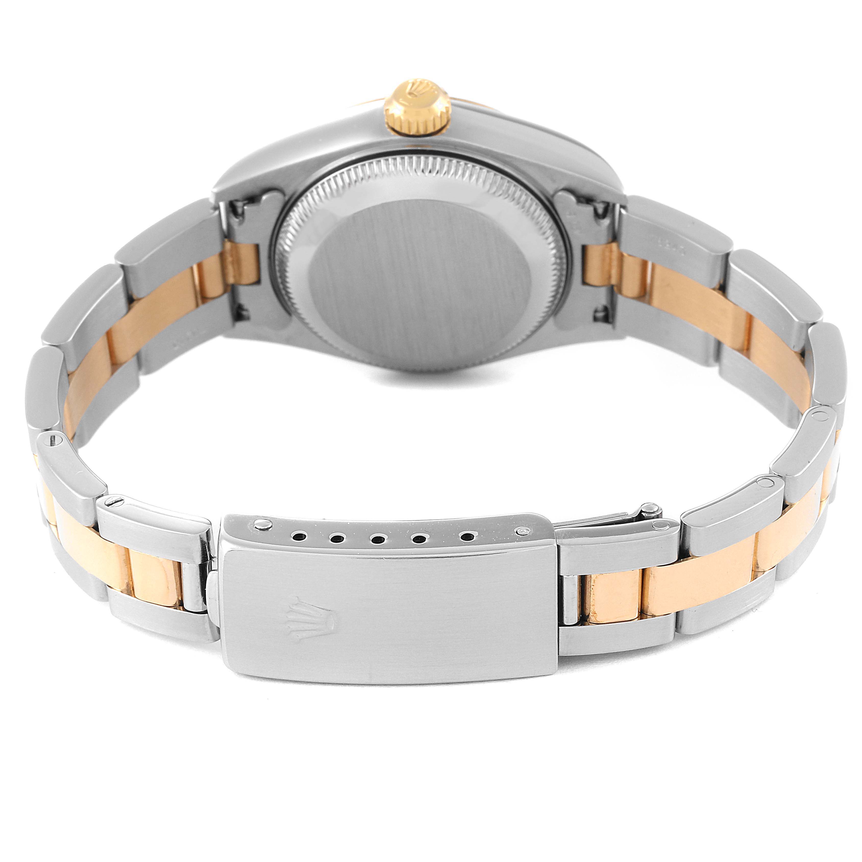 This image shows the back view of a Rolex Datejust 79163 Women's Steel and Gold (two tone) Mother of Pearl Dial 79163 Women's Steel and Gold (two tone) Mother of Pearl Dial watch, highlighting the case back, crown, and bracelet clasp.
