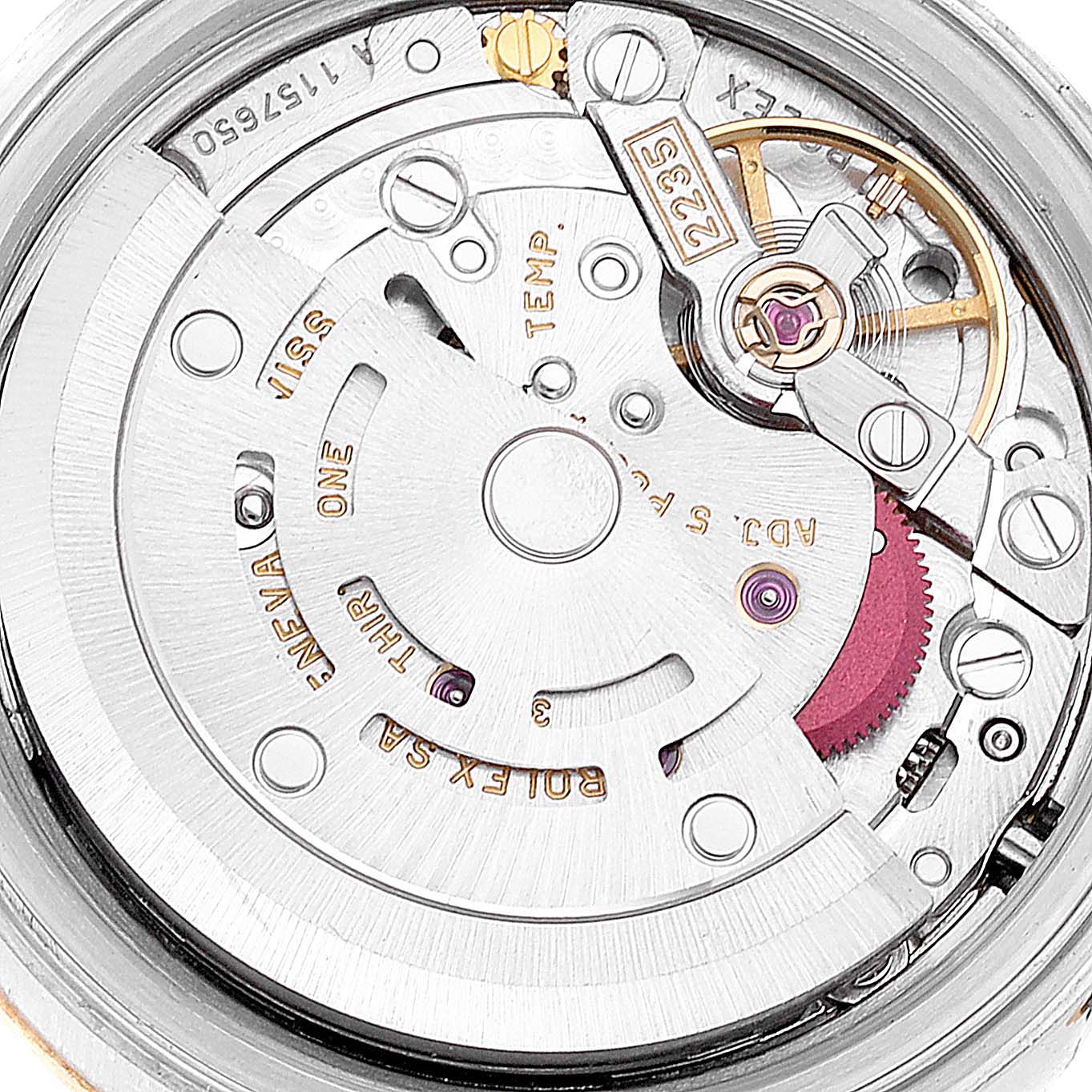 This image shows the movement mechanism of a Rolex Datejust 79163 Women's Steel and Gold (two tone) Mother of Pearl Dial 79163 Women's Steel and Gold (two tone) Mother of Pearl Dial watch, viewed from the back.