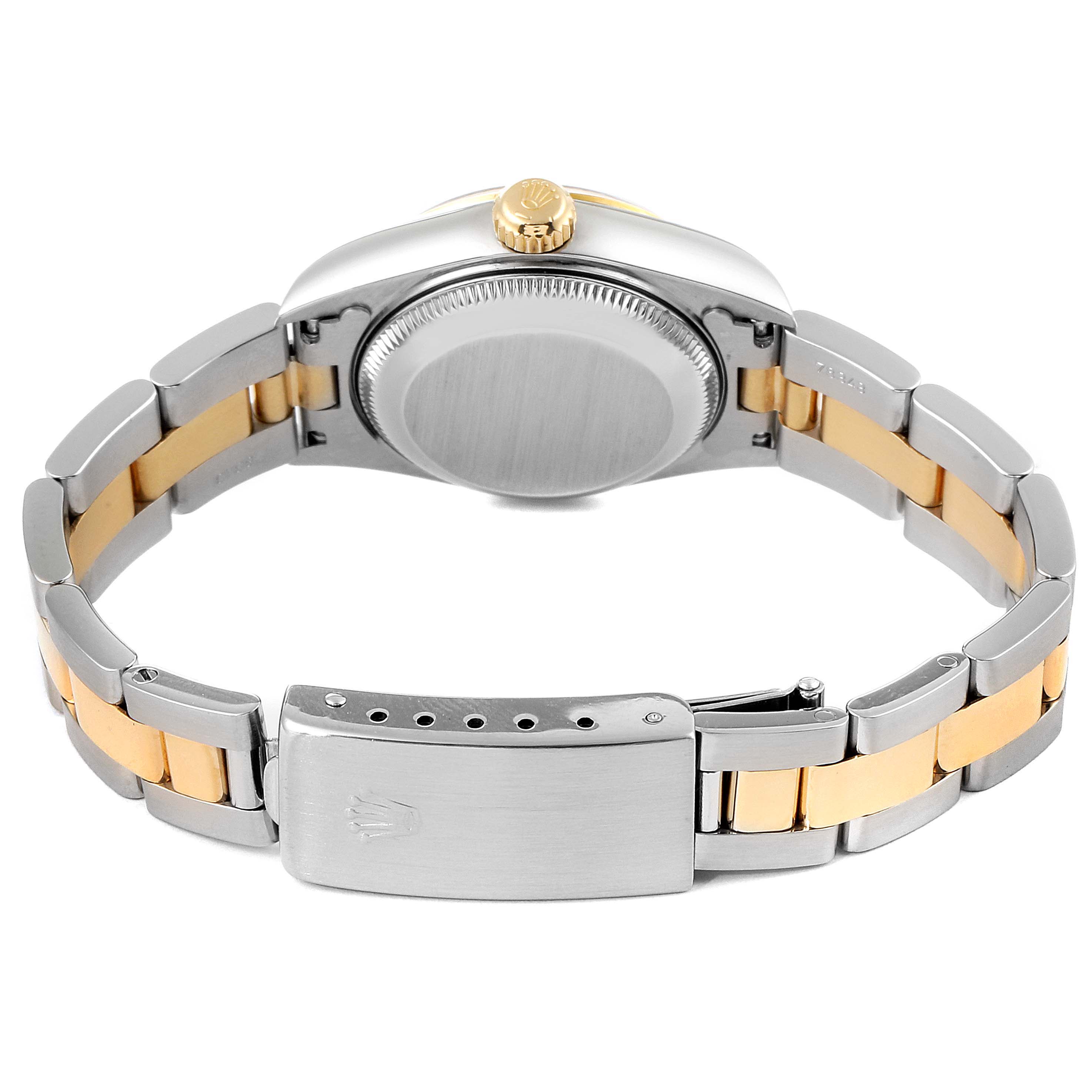 The image shows the back case and two-tone bracelet of a Rolex Datejust 69163 Women's Steel and Gold (two tone) White Dial 69163 Women's Steel and Gold (two tone) White Dial watch.