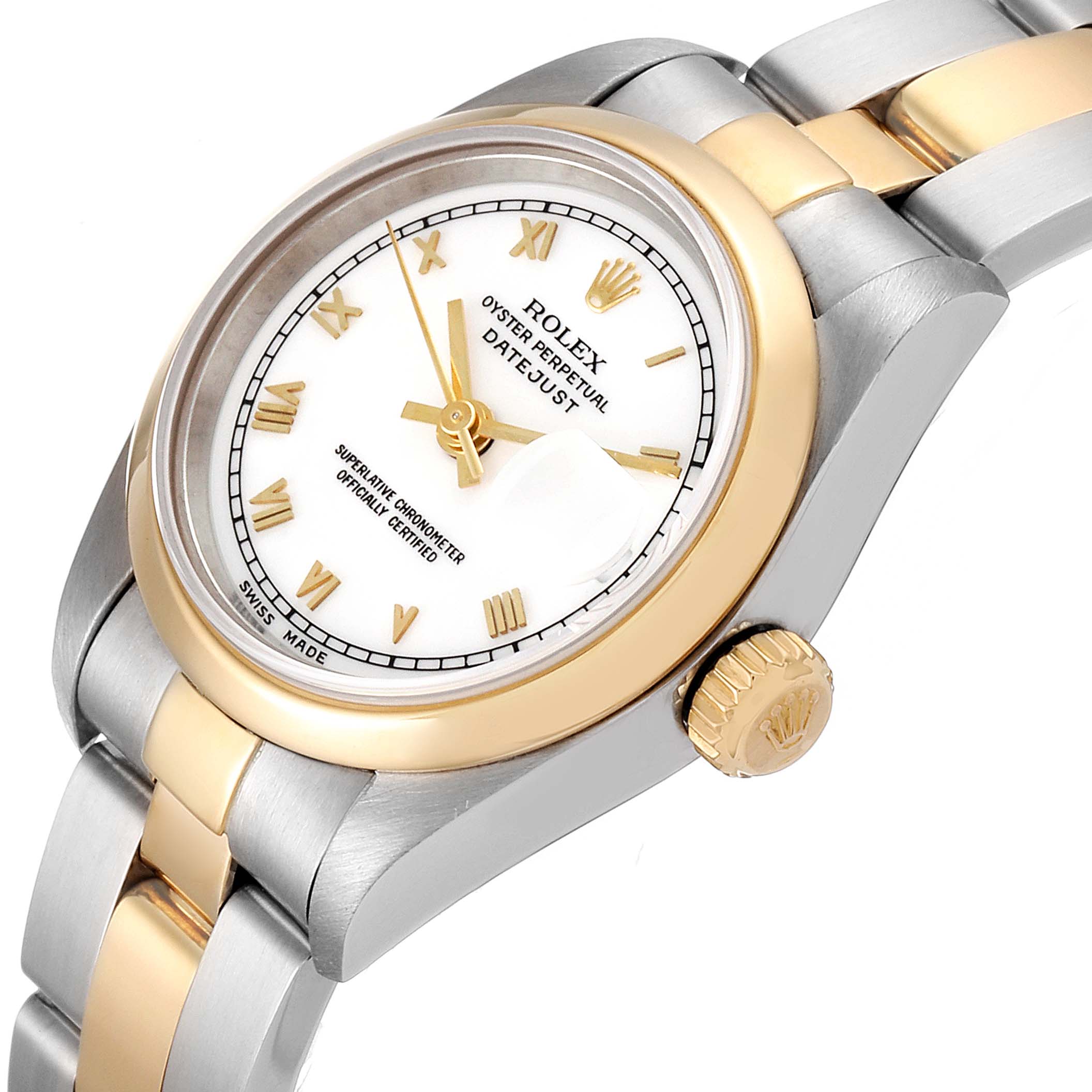 This image shows a close-up of the Rolex Datejust 69163 Women's Steel and Gold (two tone) White Dial 69163 Women's Steel and Gold (two tone) White Dial watch, highlighting the face, bezel, crown, and part of the bracelet at an oblique angle.